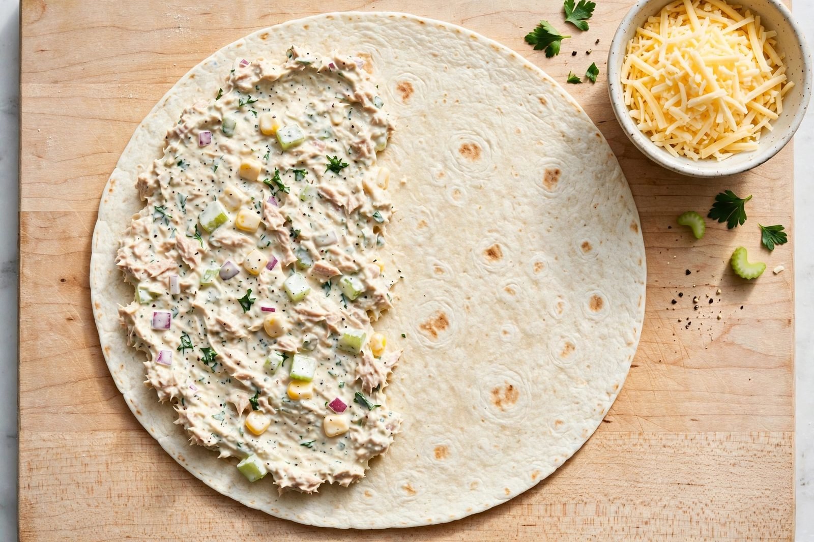 Tuna filling spread over half a flour tortilla
