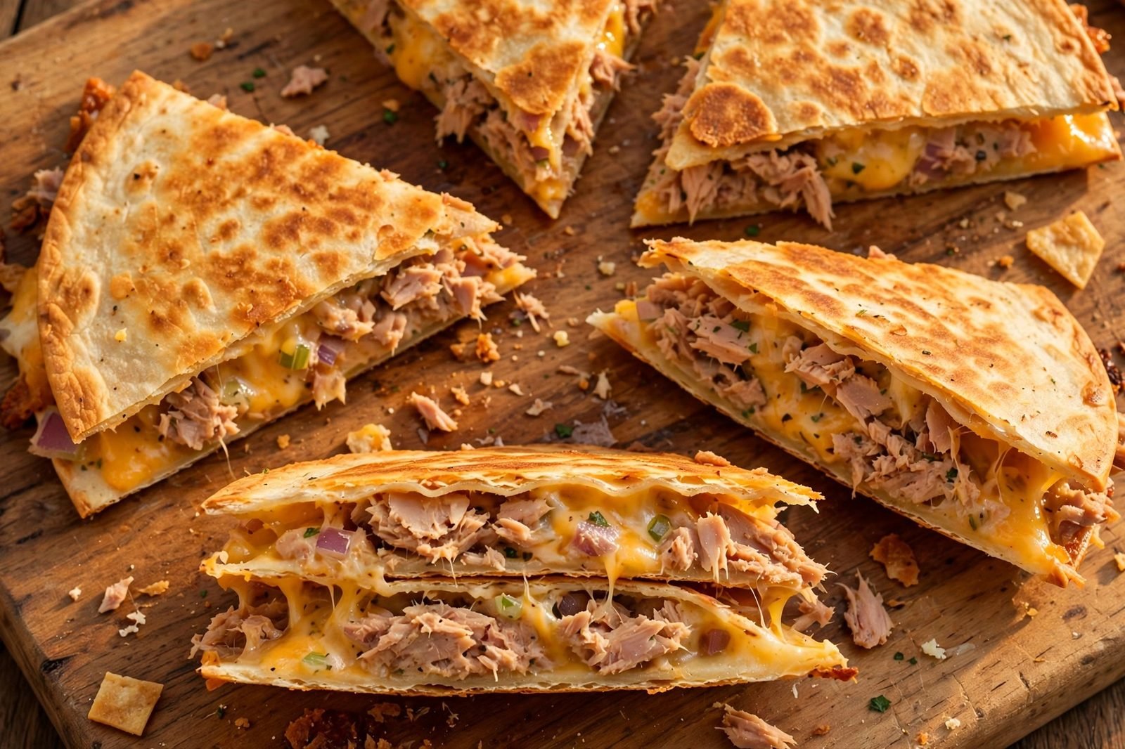 Cut quesadilla wedges on a board, close-up cheese pull
