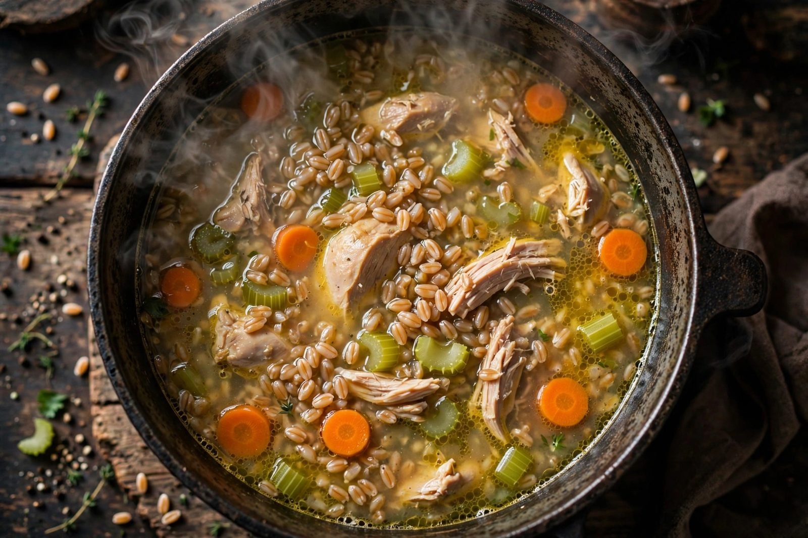 Close-up of simmering soup with chicken, farro, and carrots