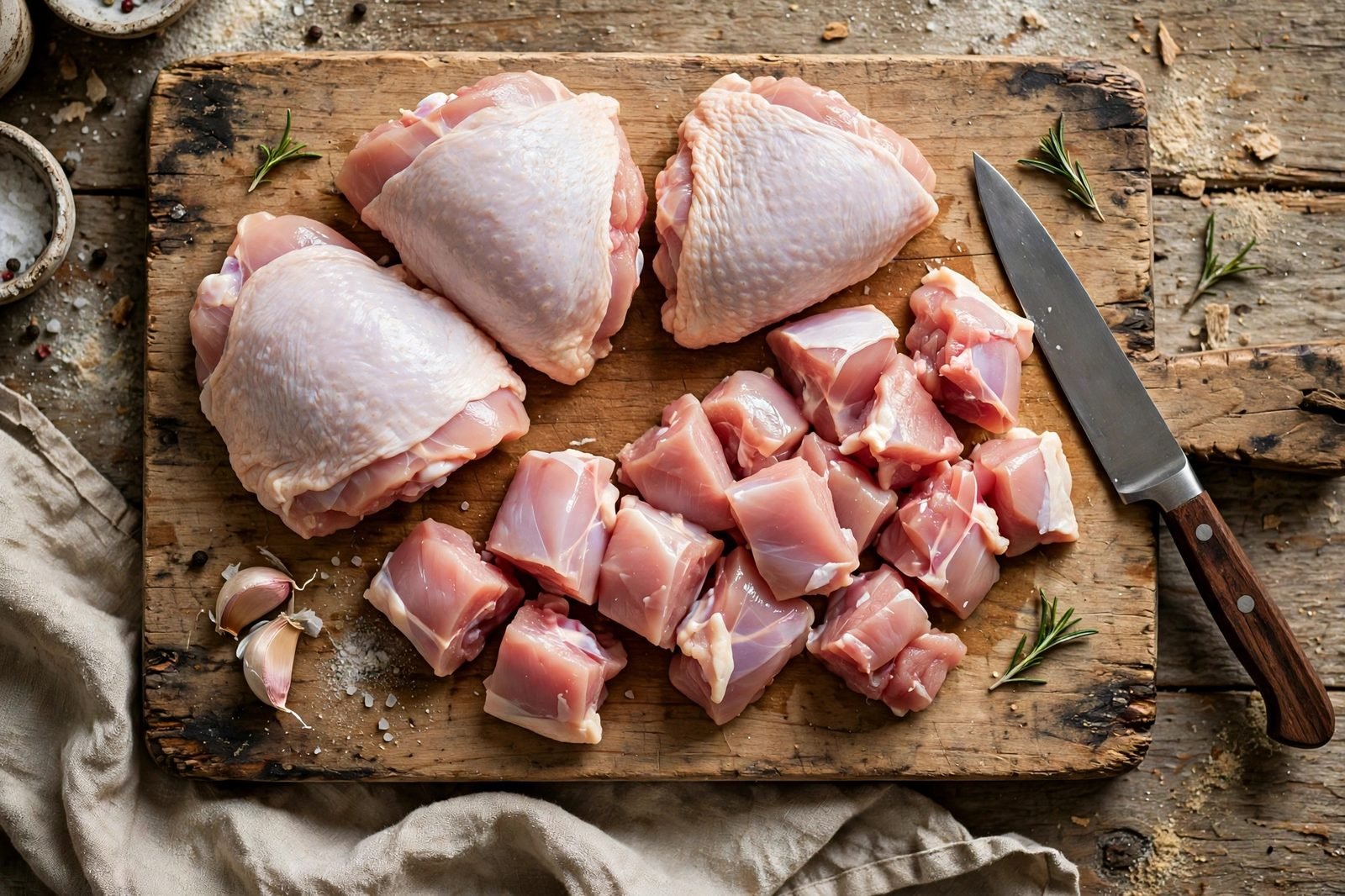 Chicken thighs being cut into pieces on a cutting board