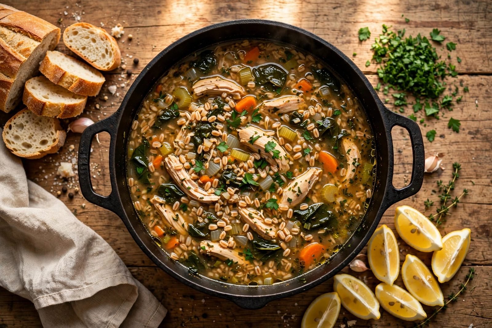 Overhead view of a pot of finished chicken and farro soup with lemon, herbs, and crusty bread alongside