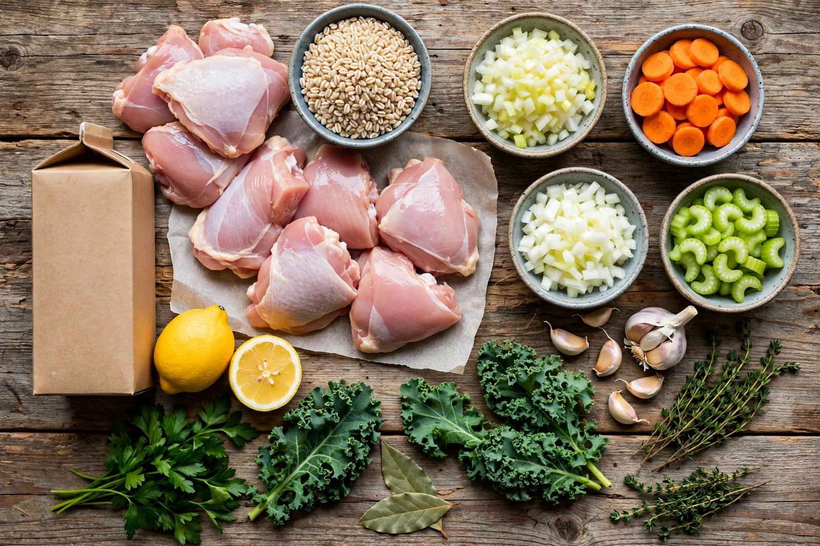 Ingredients for chicken farro soup: chicken thighs, pearled farro in a bowl, carrots, celery, onion, kale, garlic, broth, and lemon