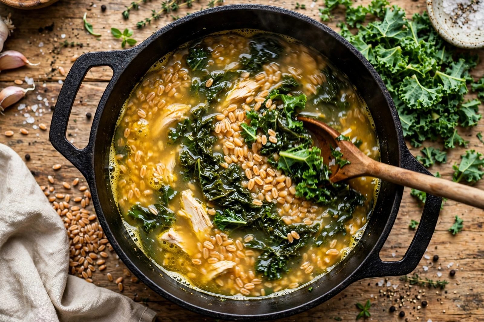 Chopped kale being stirred into the soup, wilting bright green
