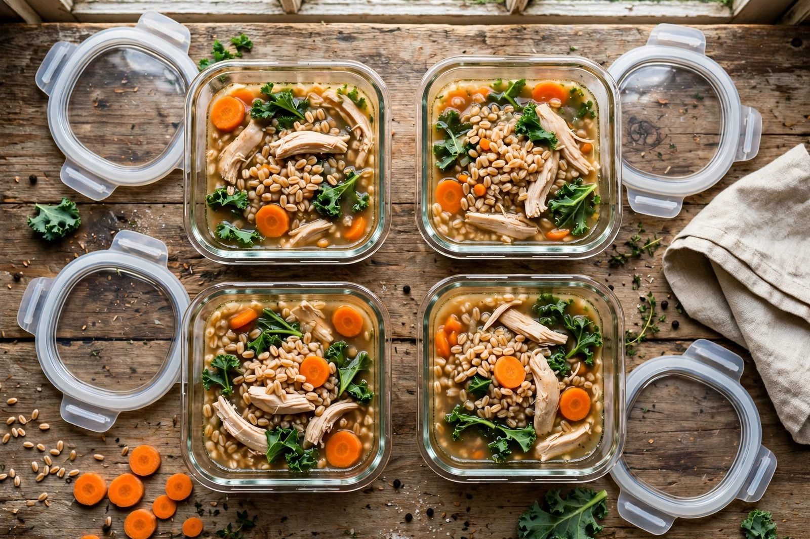 Meal-prep containers portioned with chicken and farro soup