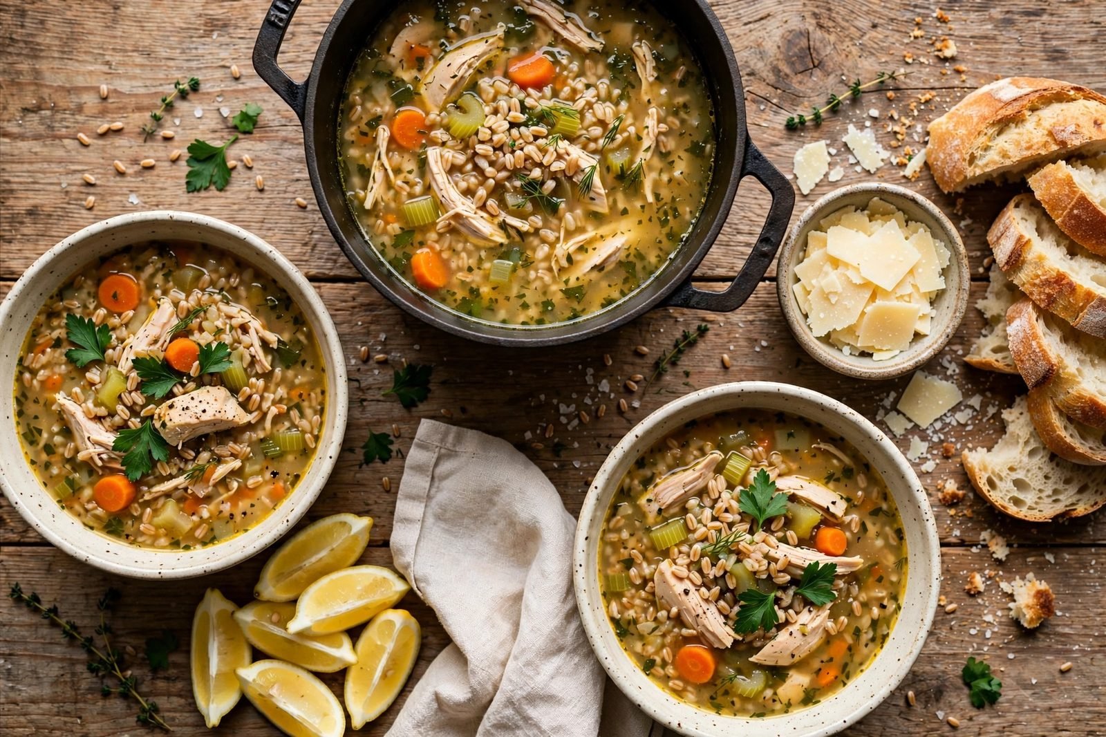 Overhead table spread with bowls of chicken farro soup, crusty bread, and lemon