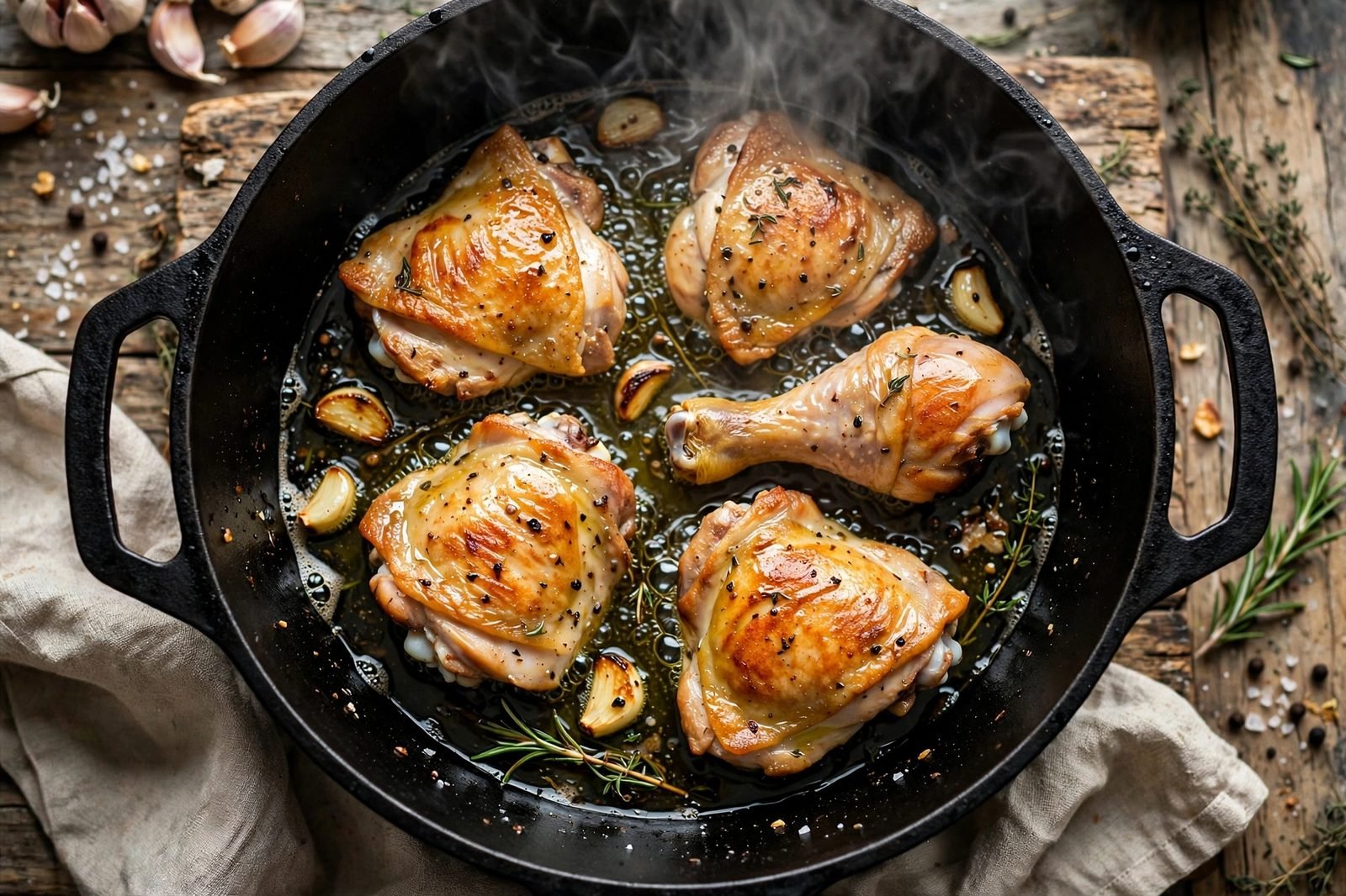 Chicken pieces searing in a Dutch oven