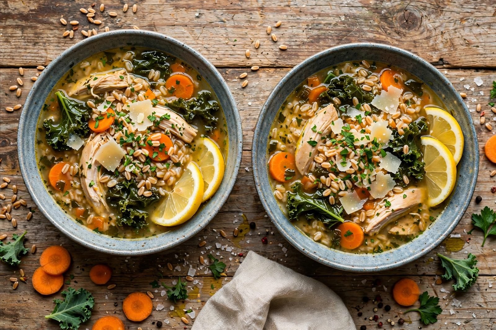 Two served bowls of chicken and farro soup with lemon wedges, parsley, and shaved Parmesan