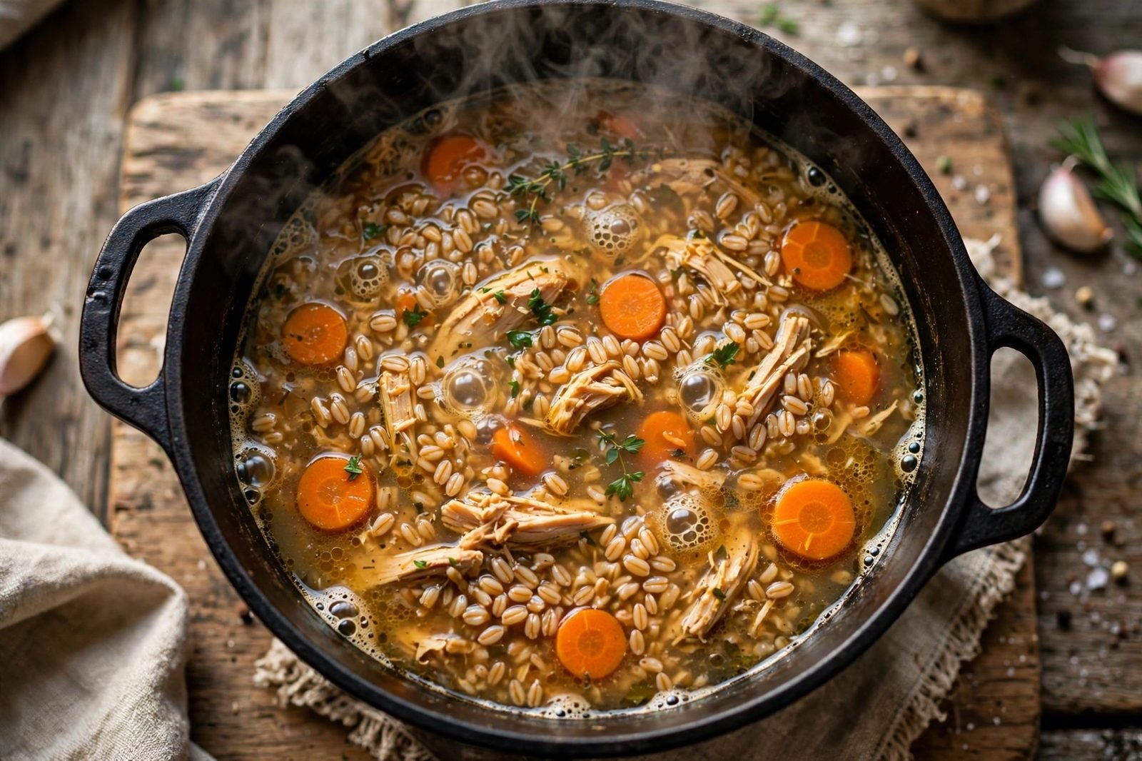 Chicken and farro soup simmering uncovered in a Dutch oven, farro visible in the broth
