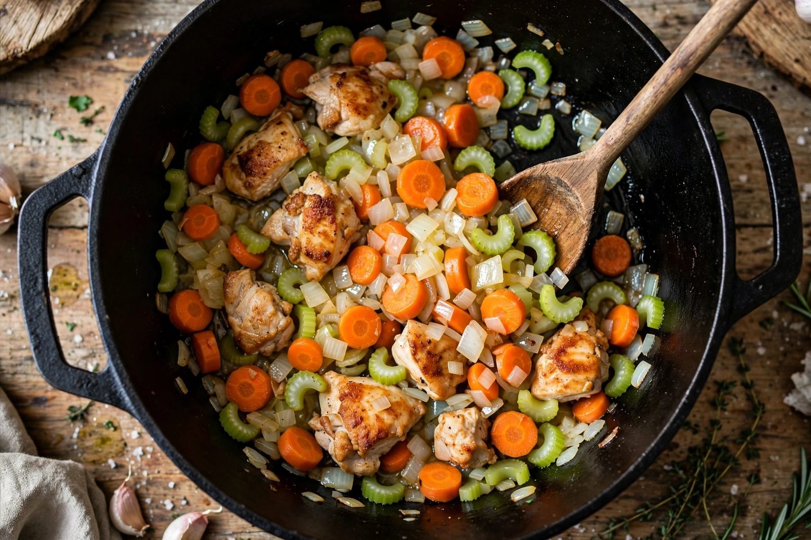 Onion, carrots, and celery softening in the pot