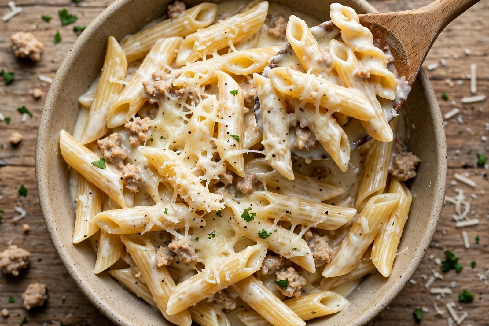 Silky alfredo sauce coating the penne after Greek yogurt and Parmesan are stirred in