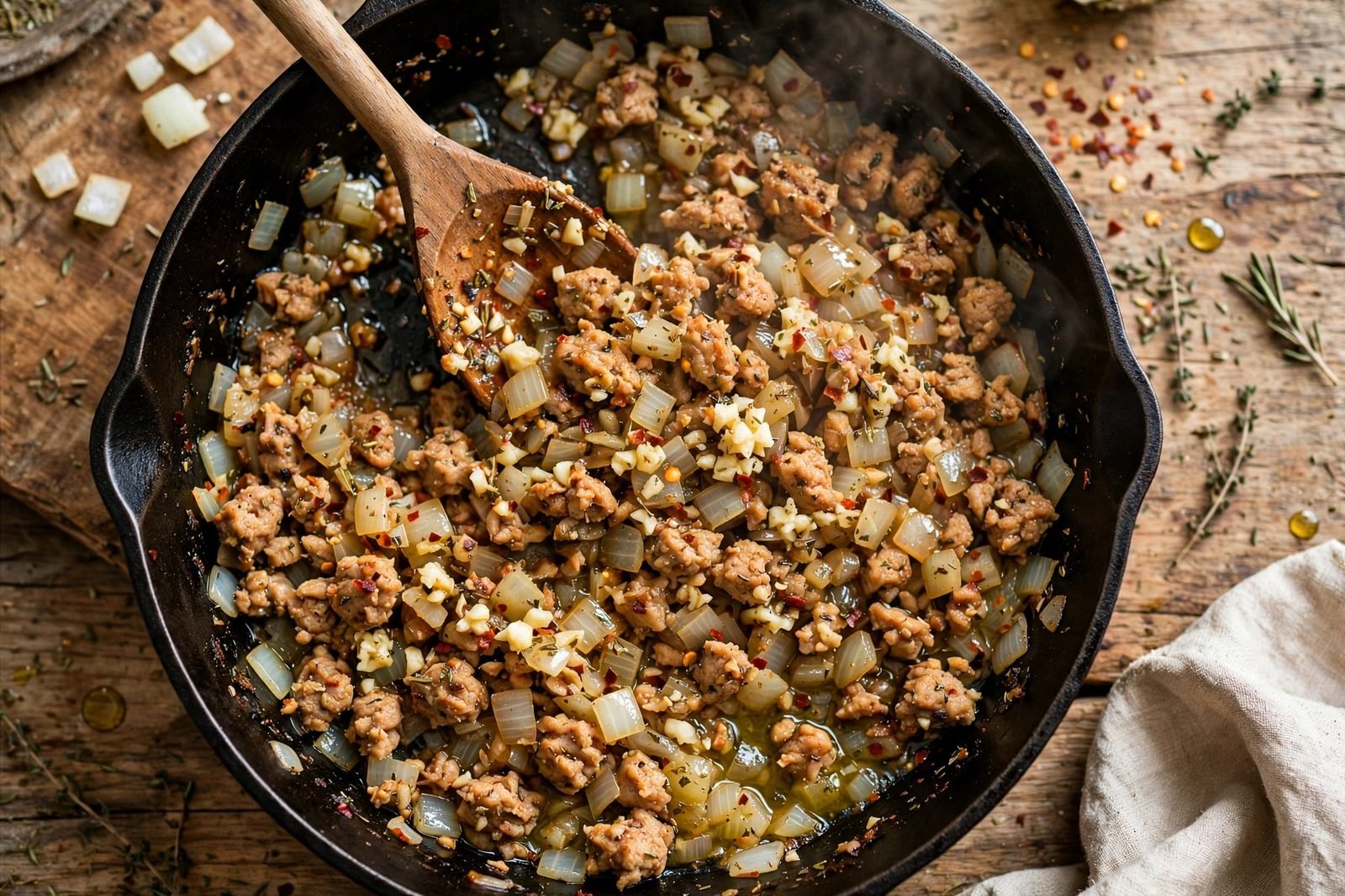 Softened onion with minced garlic, red pepper flakes, and Italian seasoning in the skillet