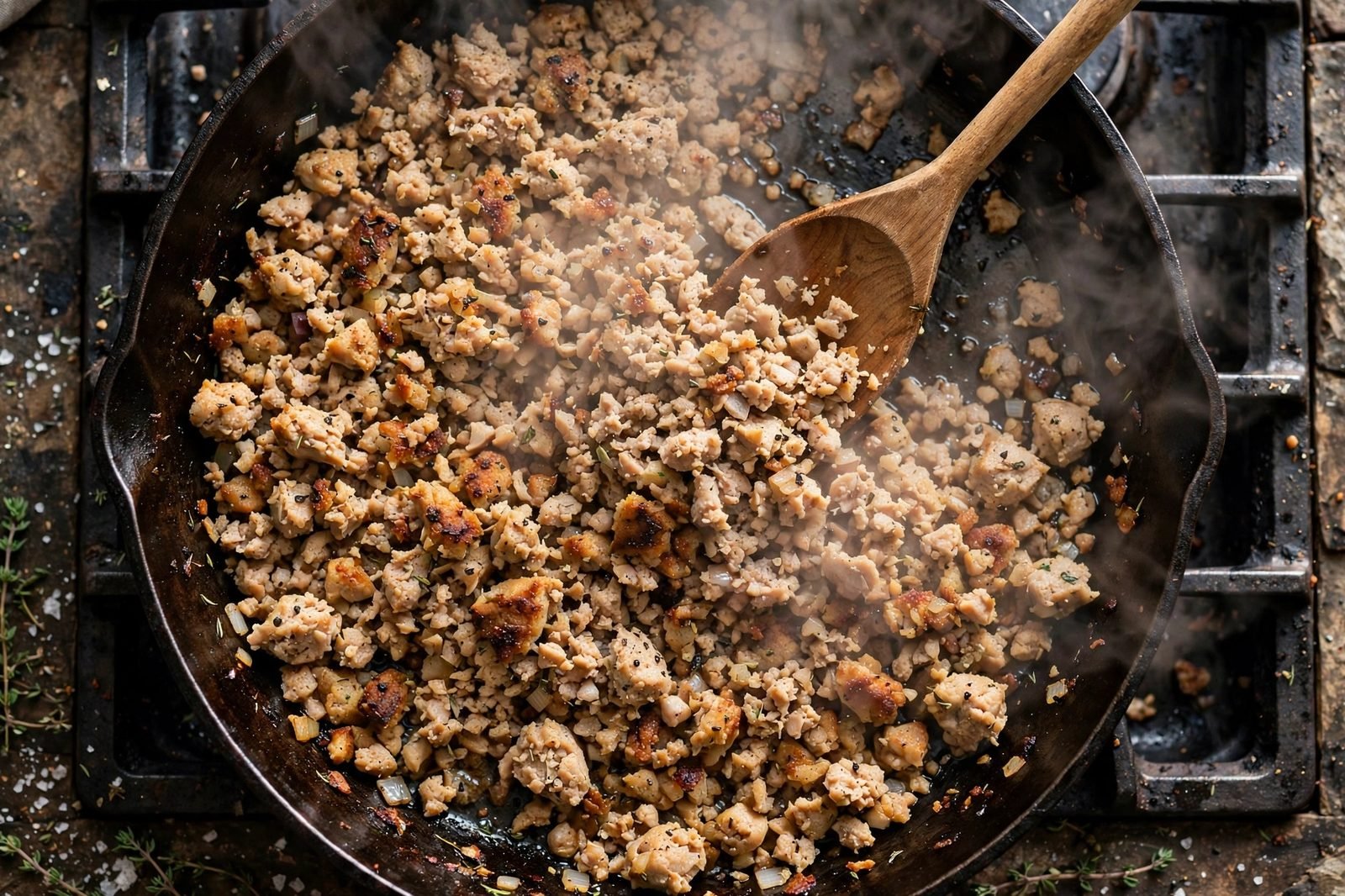 Ground turkey crumbles browning in a hot skillet