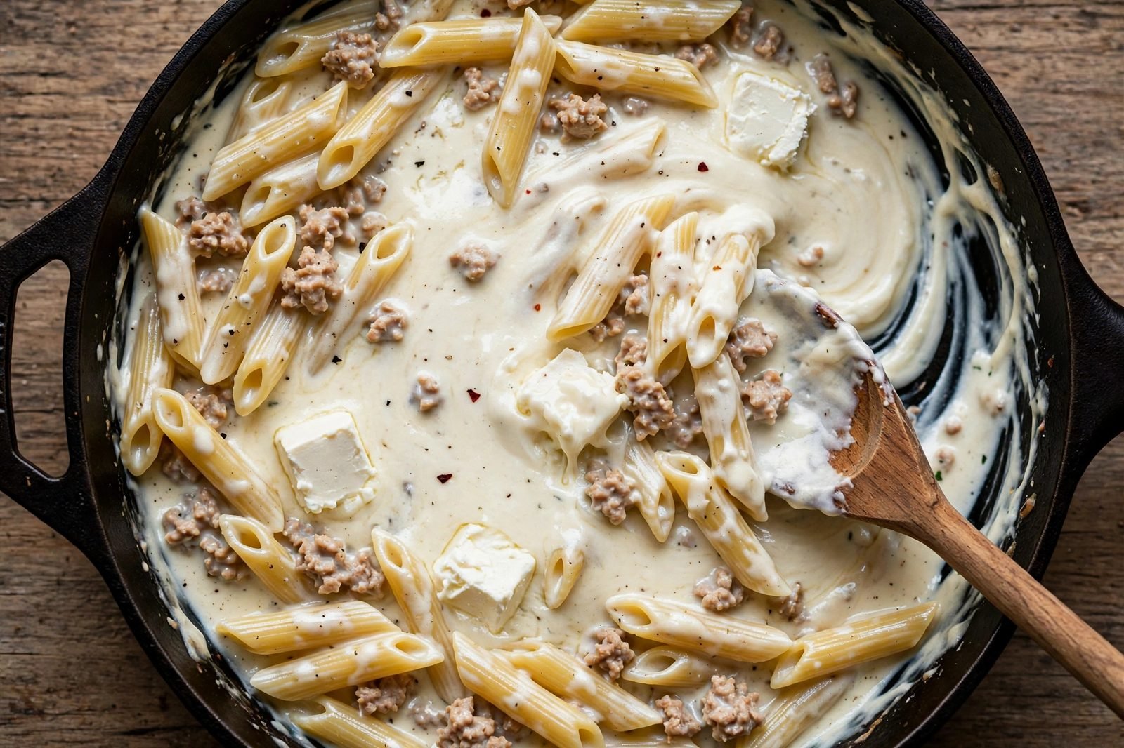 Cream cheese cubes melting into the pasta sauce