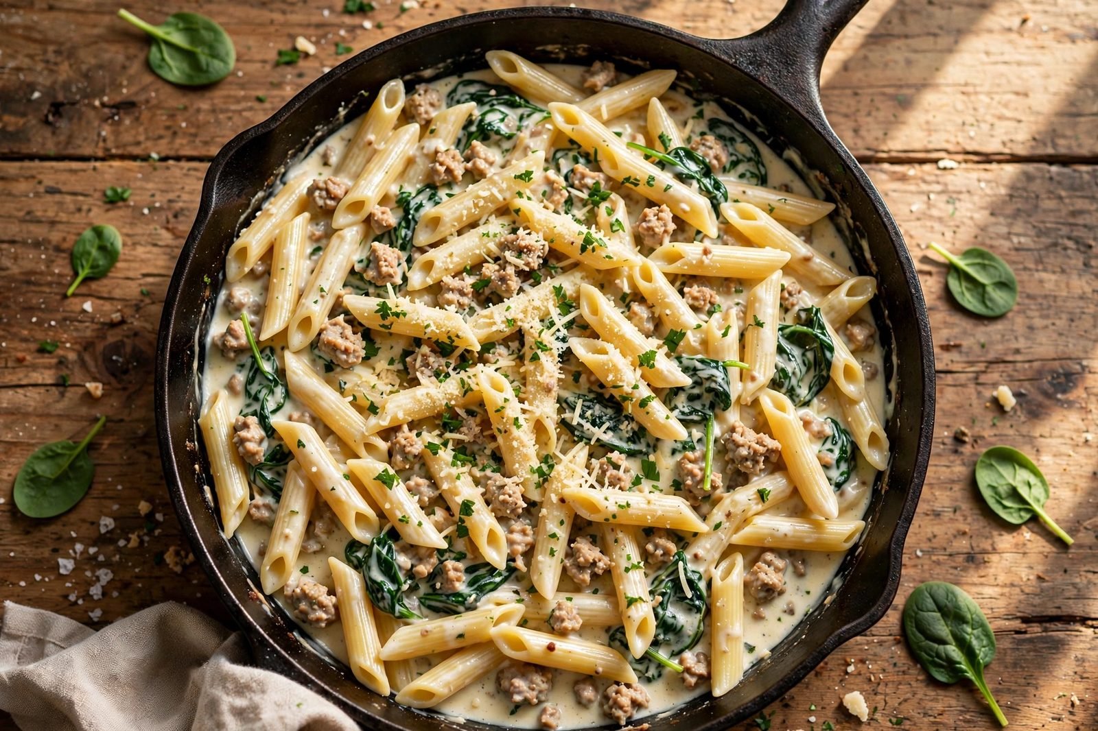 Overhead view of turkey and spinach alfredo skillet: creamy penne with ground turkey and wilted spinach, topped with Parmesan