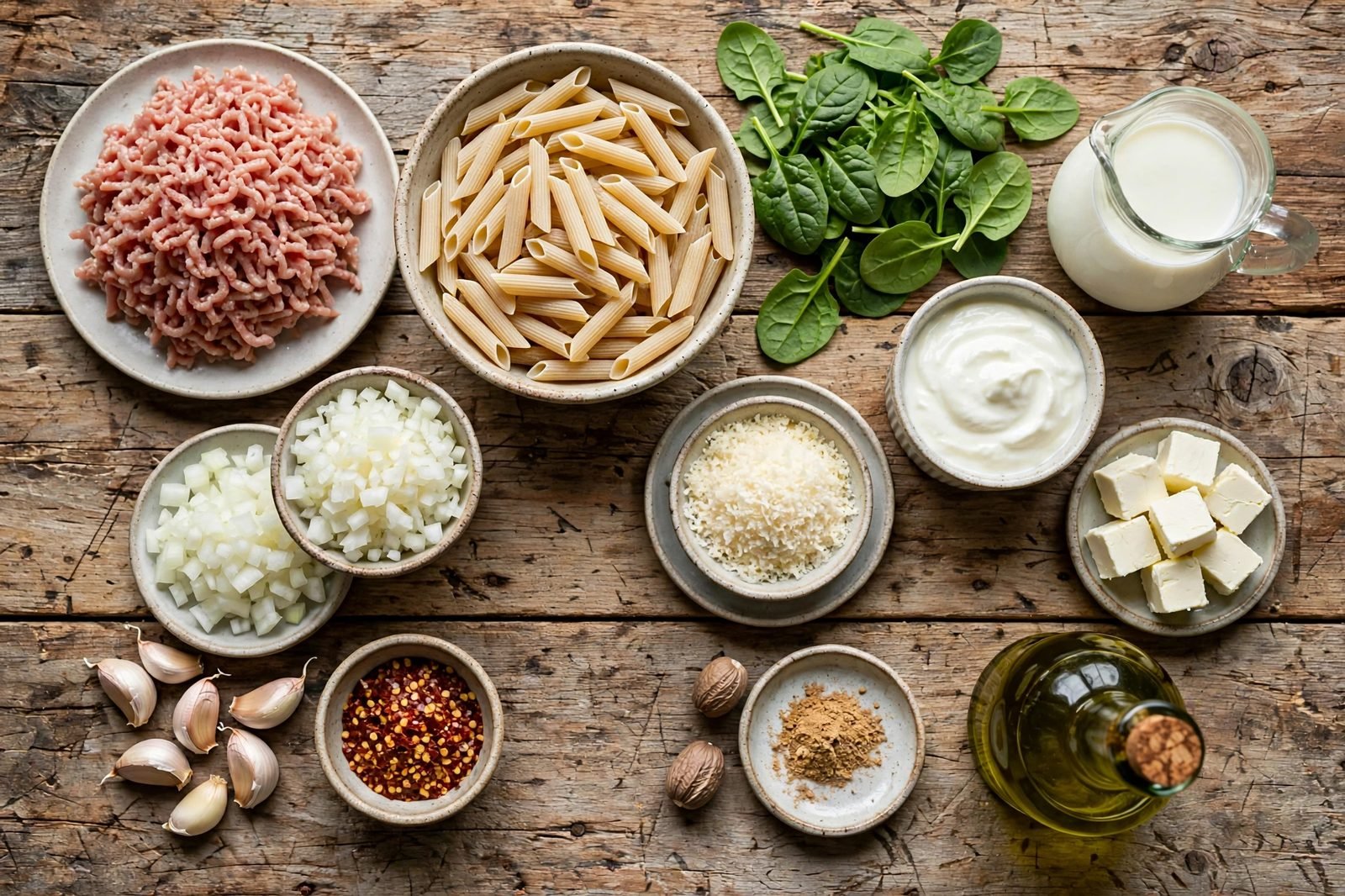 Ingredients for turkey alfredo skillet: ground turkey, penne, onion, garlic, milk, cream cheese, Greek yogurt, Parmesan, and spinach