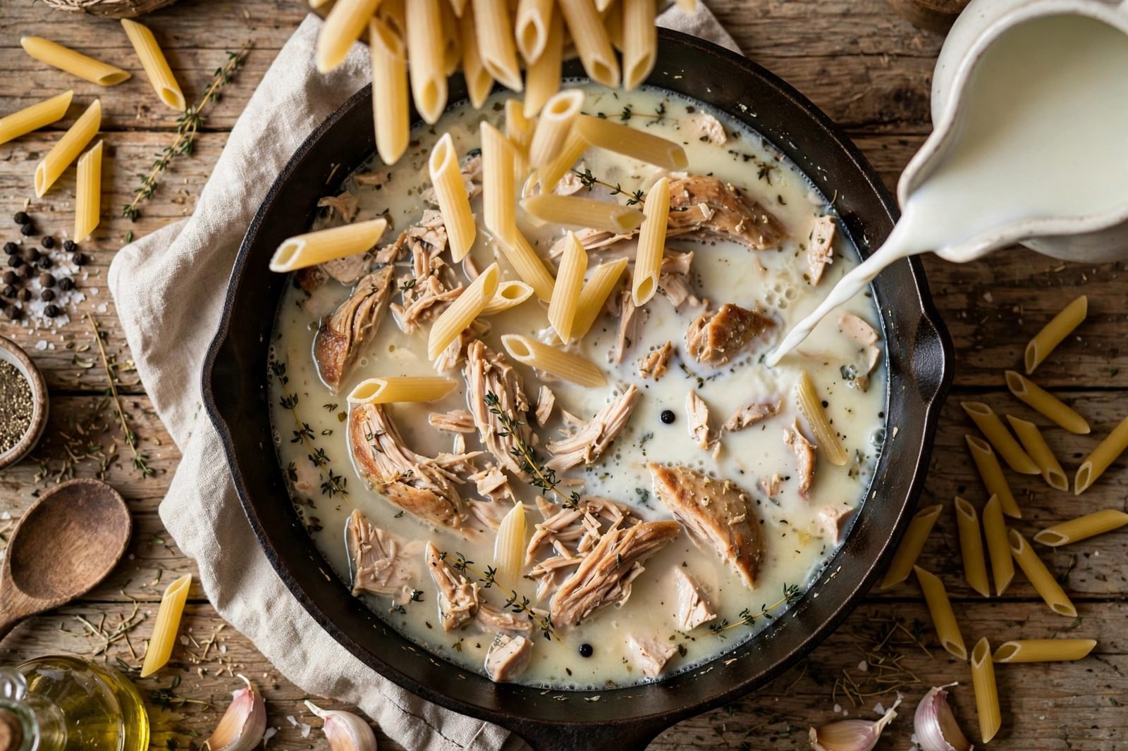 Chicken broth, milk, and dry penne poured into the skillet