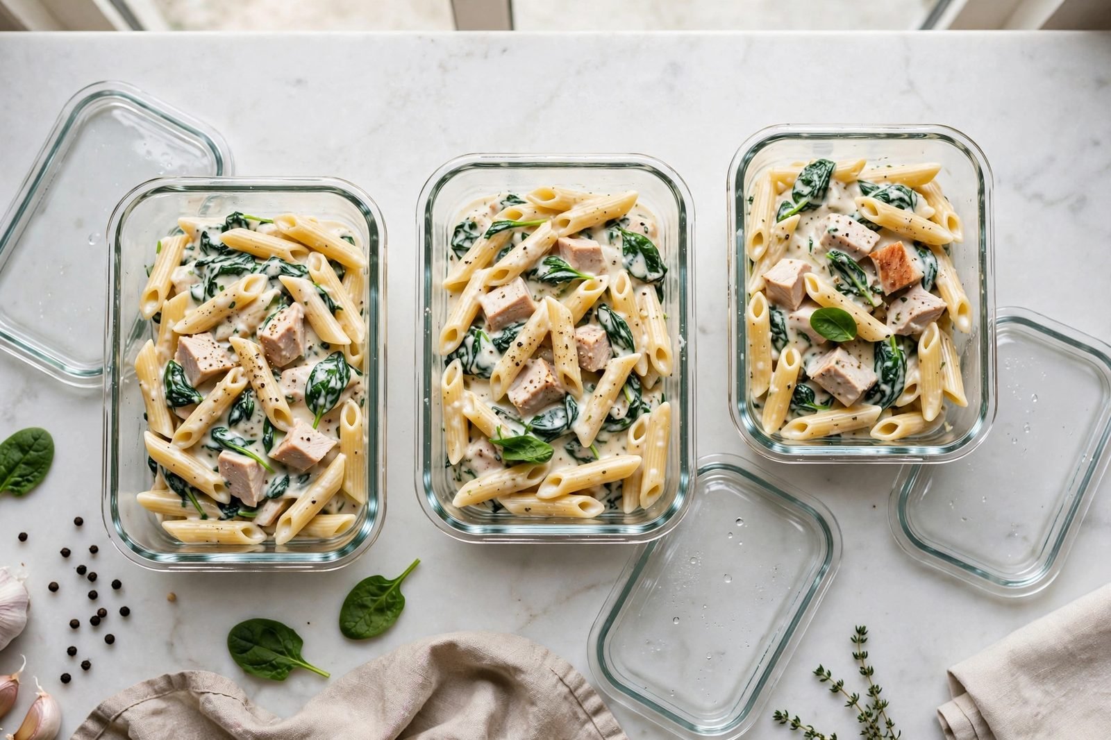 Turkey spinach alfredo portioned into meal-prep containers