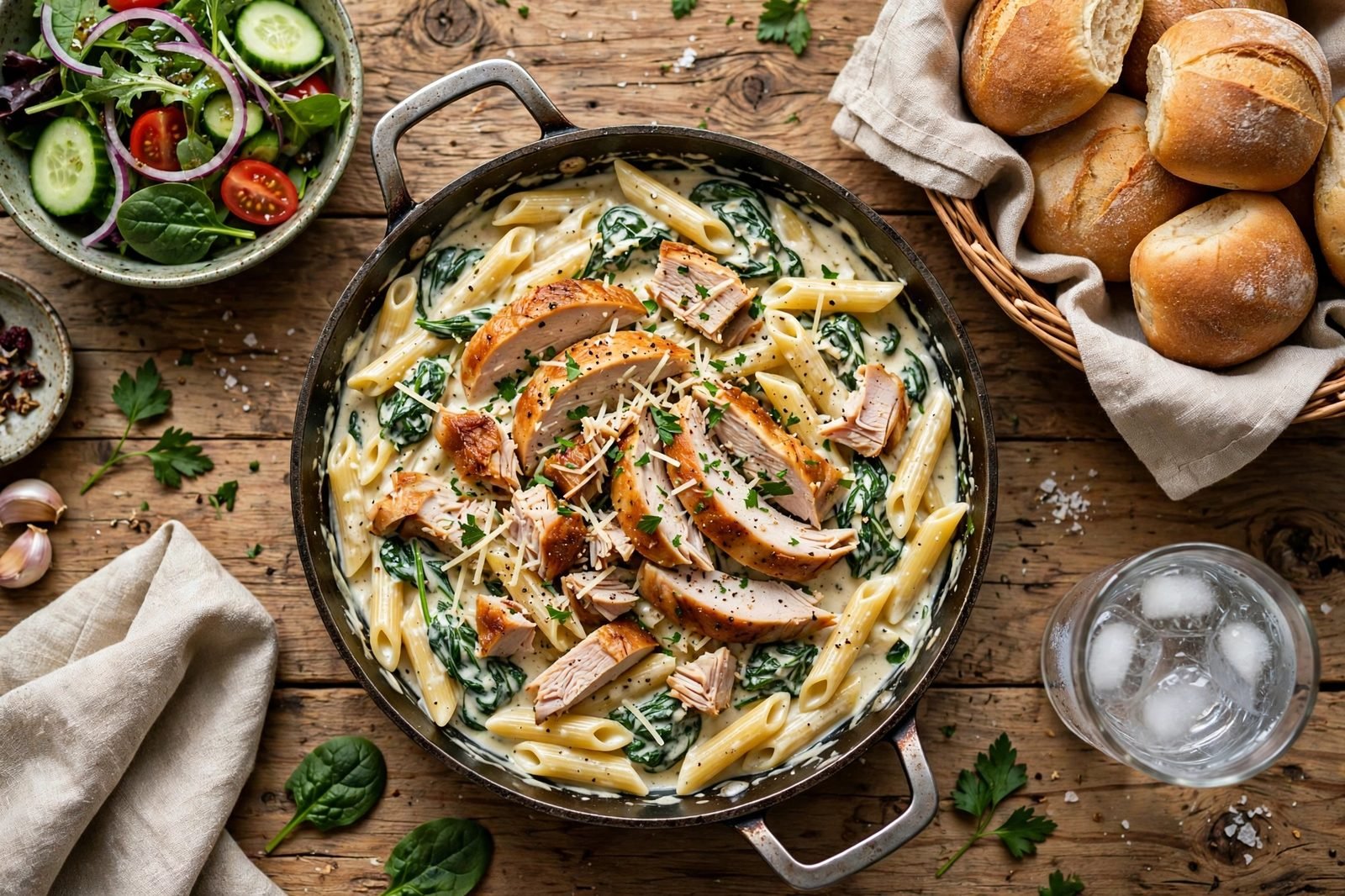 Overhead table spread with the turkey alfredo skillet, a side salad, and bread