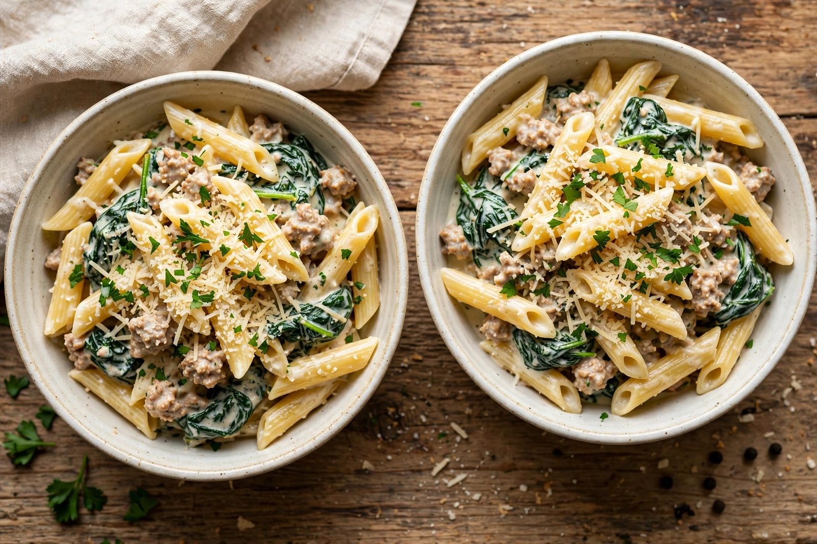 Two served bowls of turkey spinach alfredo garnished with parsley and Parmesan