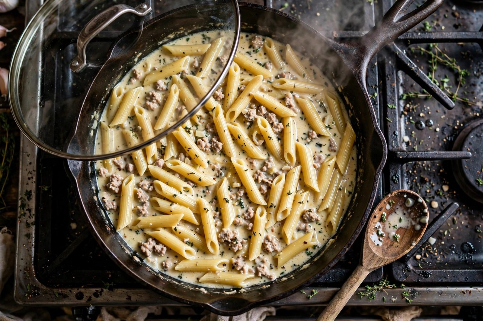 Penne simmering covered in the skillet with steam rising