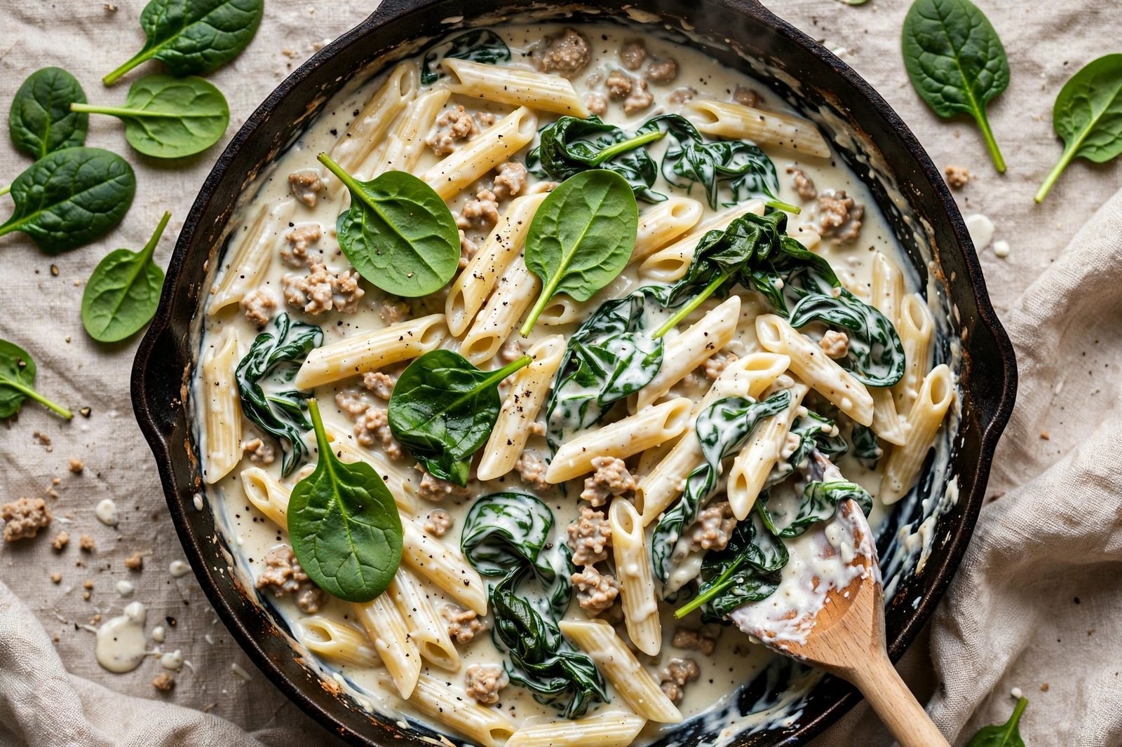 Fresh spinach half-wilted into the hot alfredo pasta