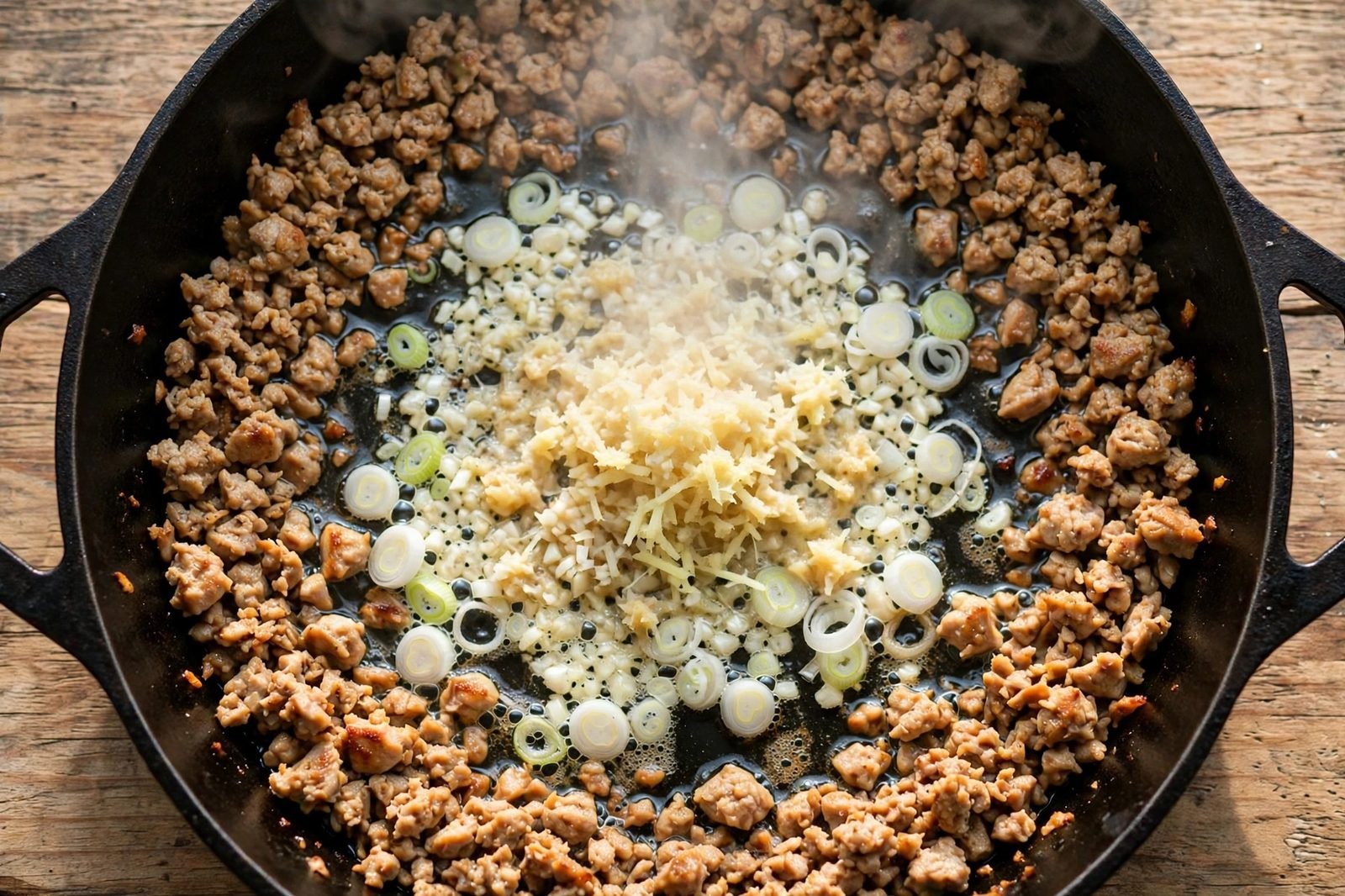 Garlic, ginger, and green onion whites blooming in the skillet with browned turkey