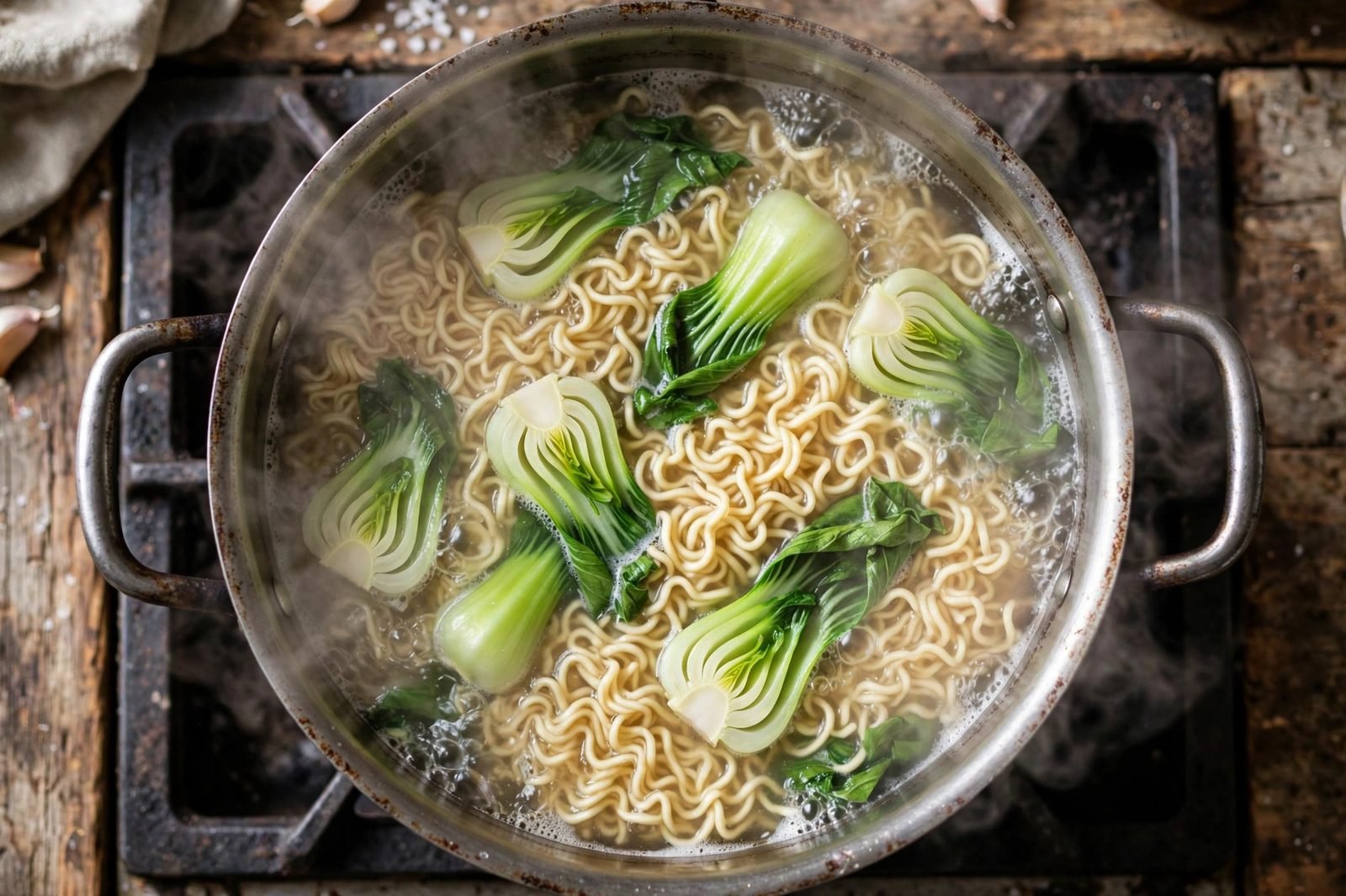 Ramen noodles and quartered bok choy boiling together in a pot