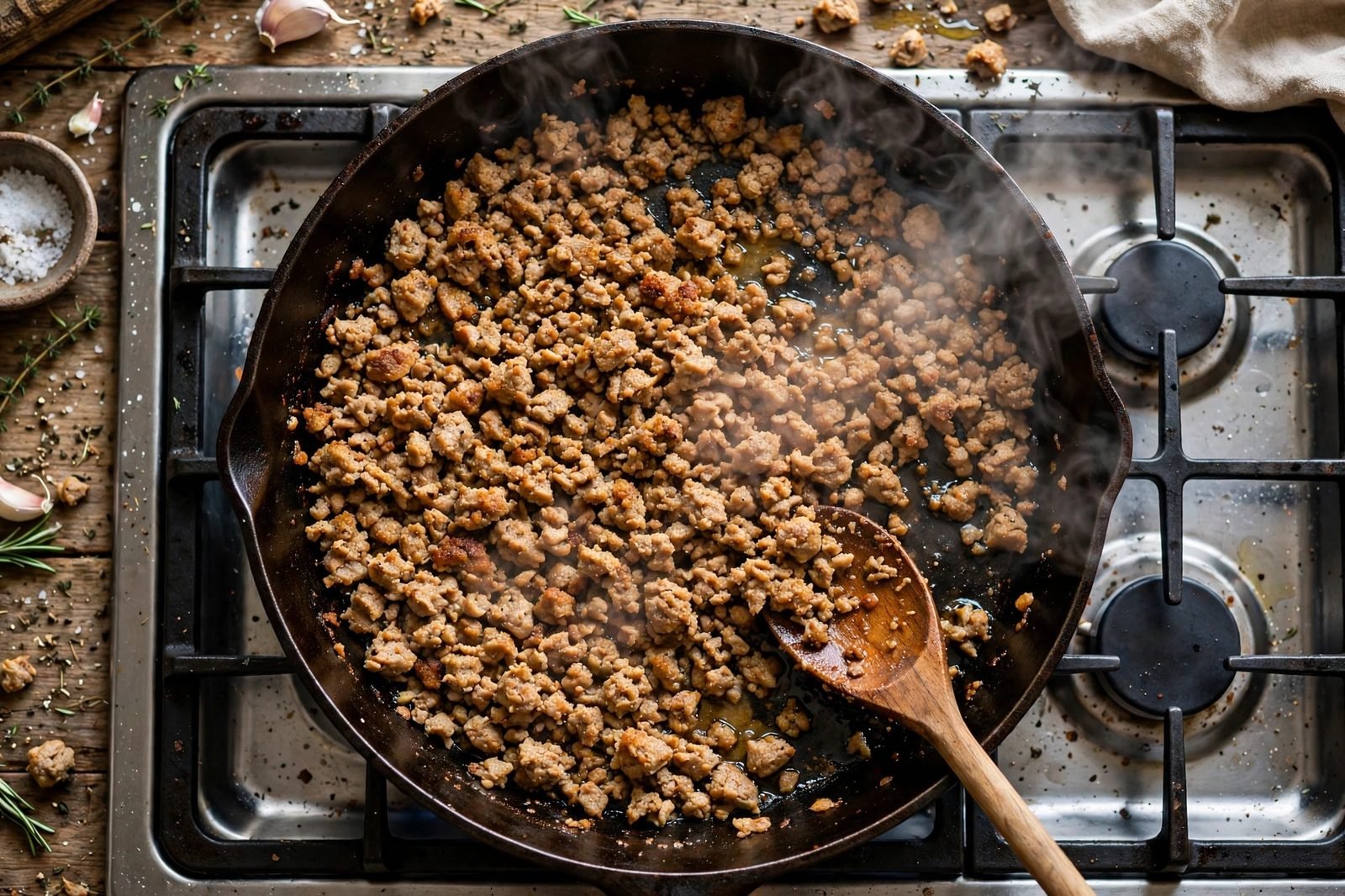 Ground turkey crumbles browning in a skillet