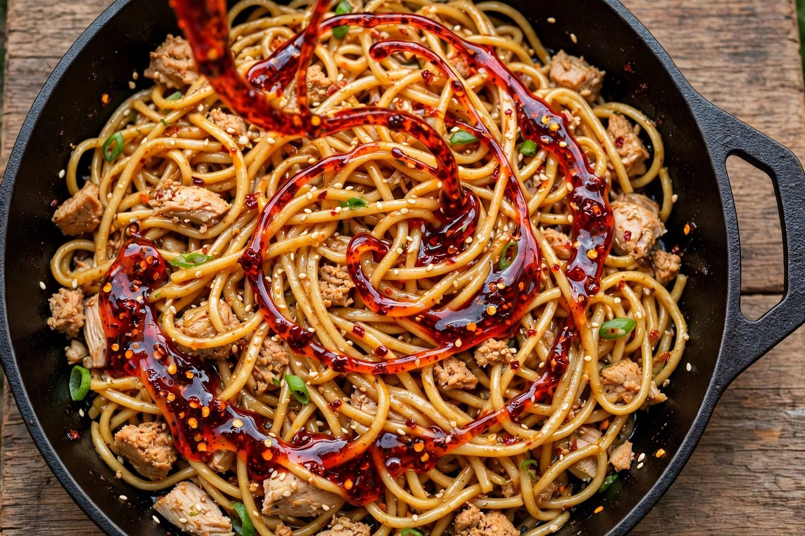 Chili oil being drizzled over the finished dan dan turkey noodles