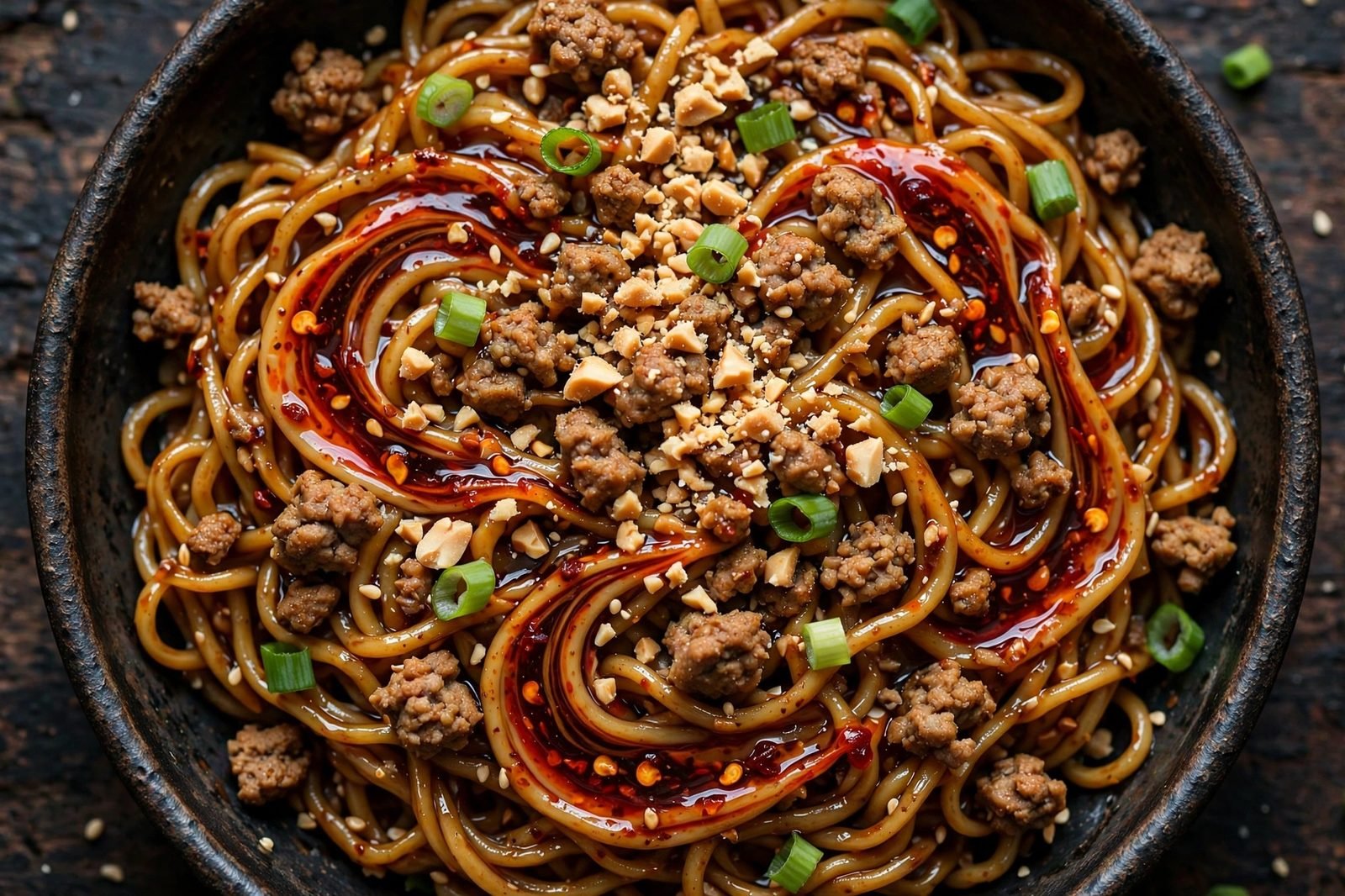 Close-up of twirled dan dan noodles with crushed peanuts and green onions