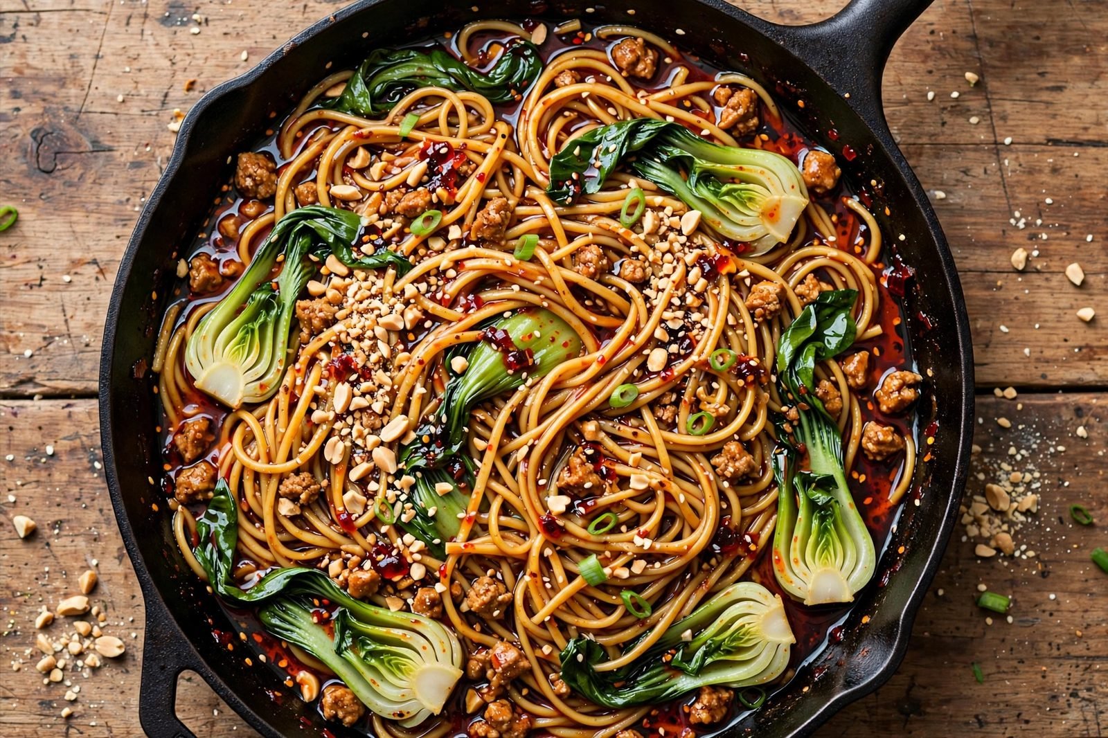 Overhead view of dan dan-style turkey noodles in a skillet: crumbled ground turkey in sesame-chili sauce over noodles with bok choy, green onions, and crushed peanuts