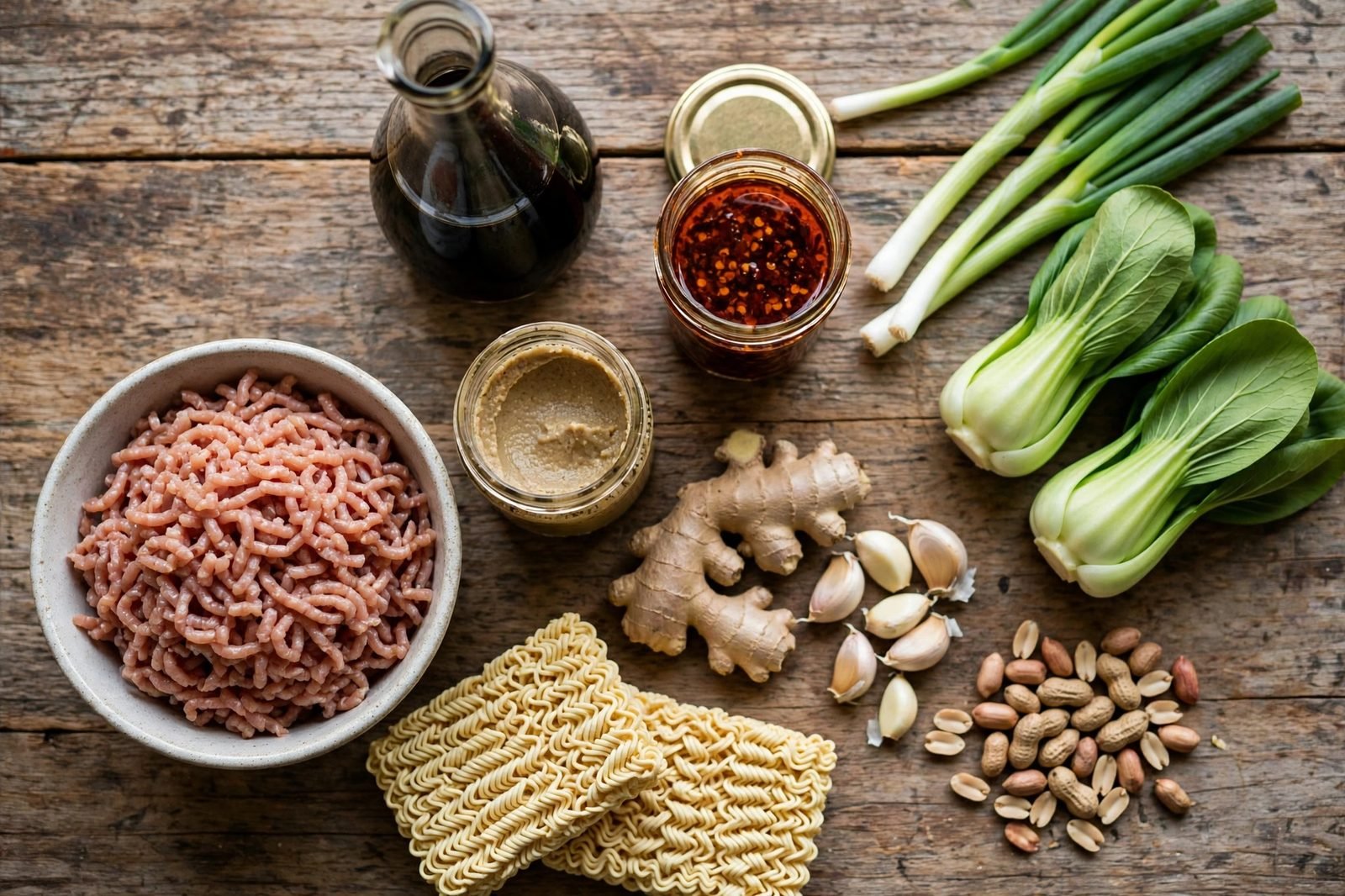 Ingredients for dan dan-style turkey noodles: ground turkey, ramen noodles, sesame paste, soy sauce, chili oil, bok choy, ginger, and peanuts
