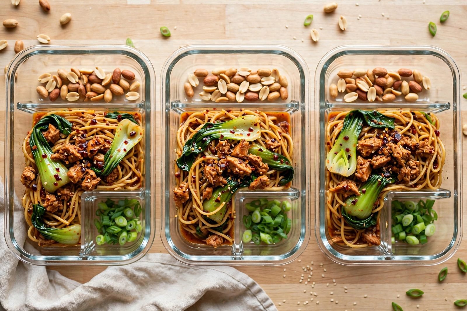 Dan dan turkey noodles portioned into meal-prep containers