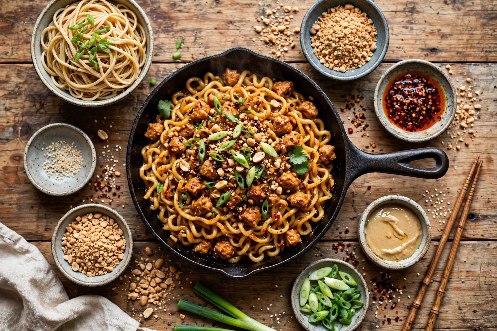 Overhead table spread with dan dan turkey noodles and sides
