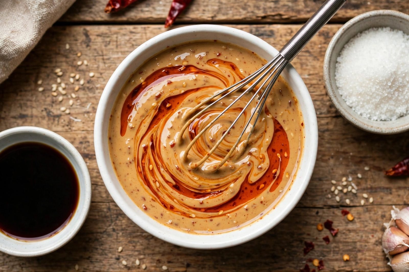 Sesame-chili dan dan sauce being whisked in a small bowl