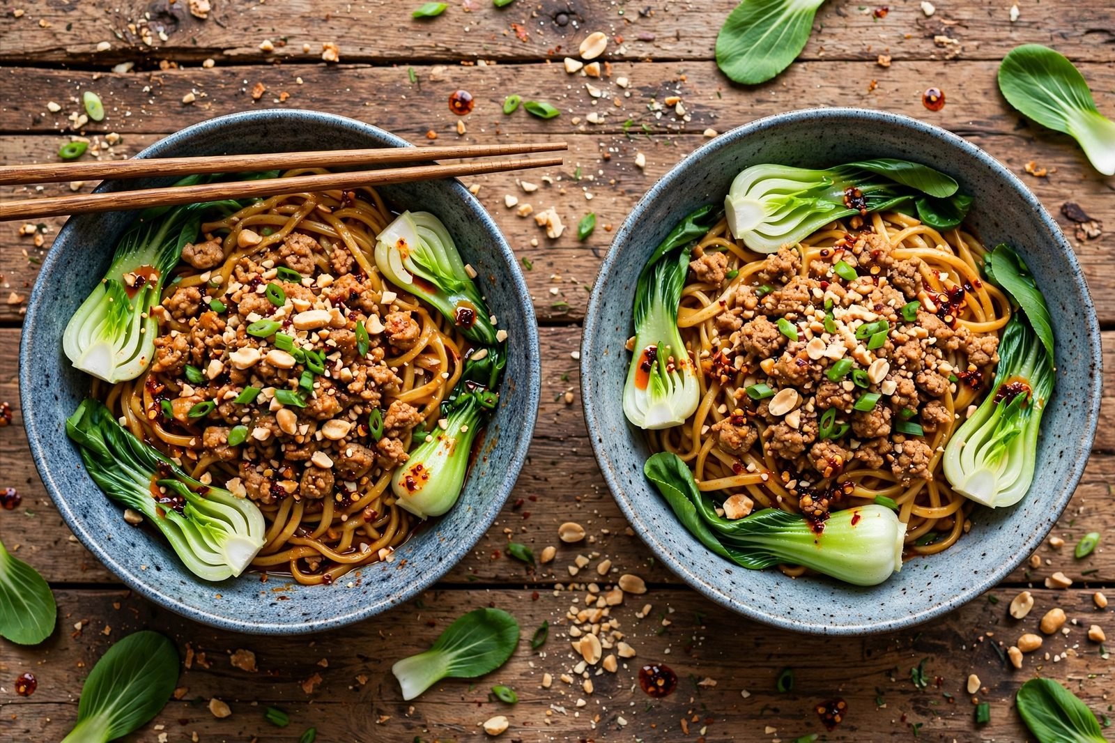 Served bowls of dan dan-style turkey noodles with chopsticks