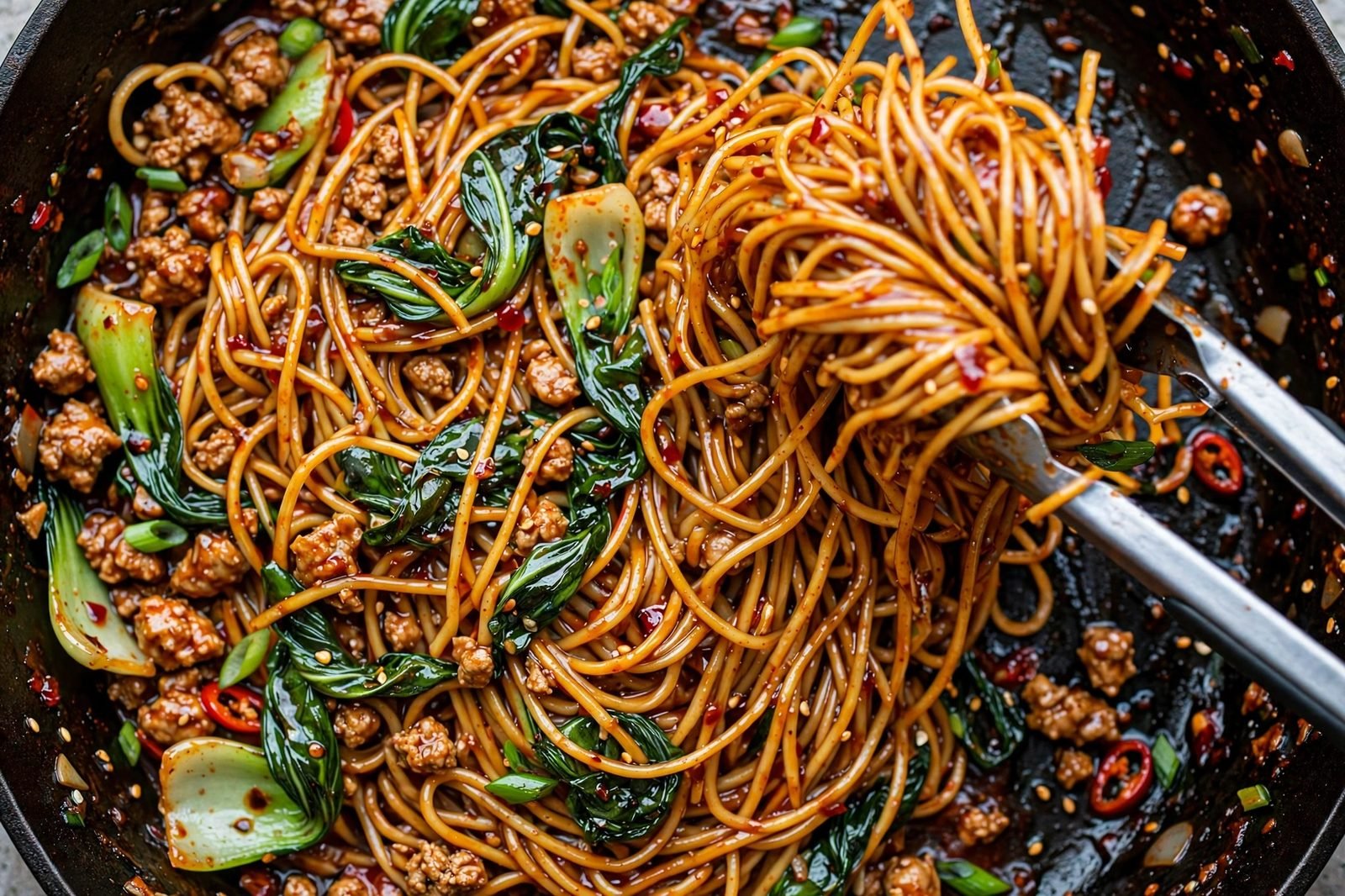 Noodles tossed with ground turkey and sesame-chili sauce until glossy