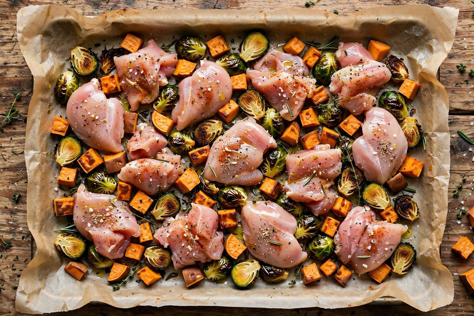 Seasoned chicken pieces being arranged on the sheet pan among partially roasted vegetables