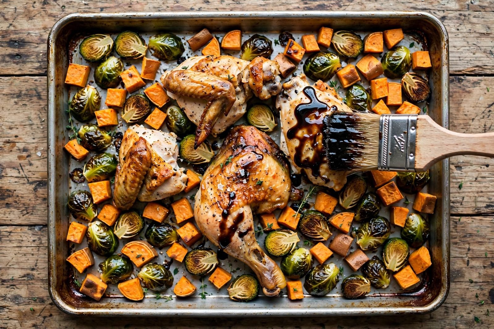 A pastry brush applying balsamic glaze to chicken pieces on the sheet pan