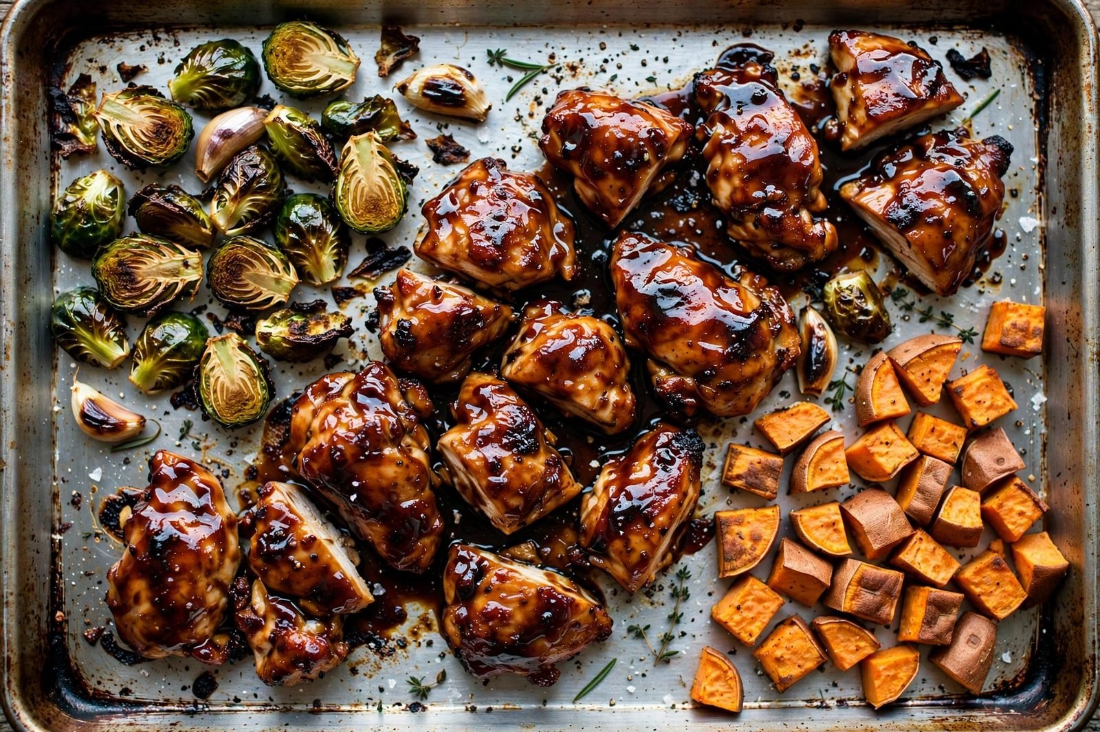 Close-up of caramelized balsamic-glazed chicken with roasted vegetables