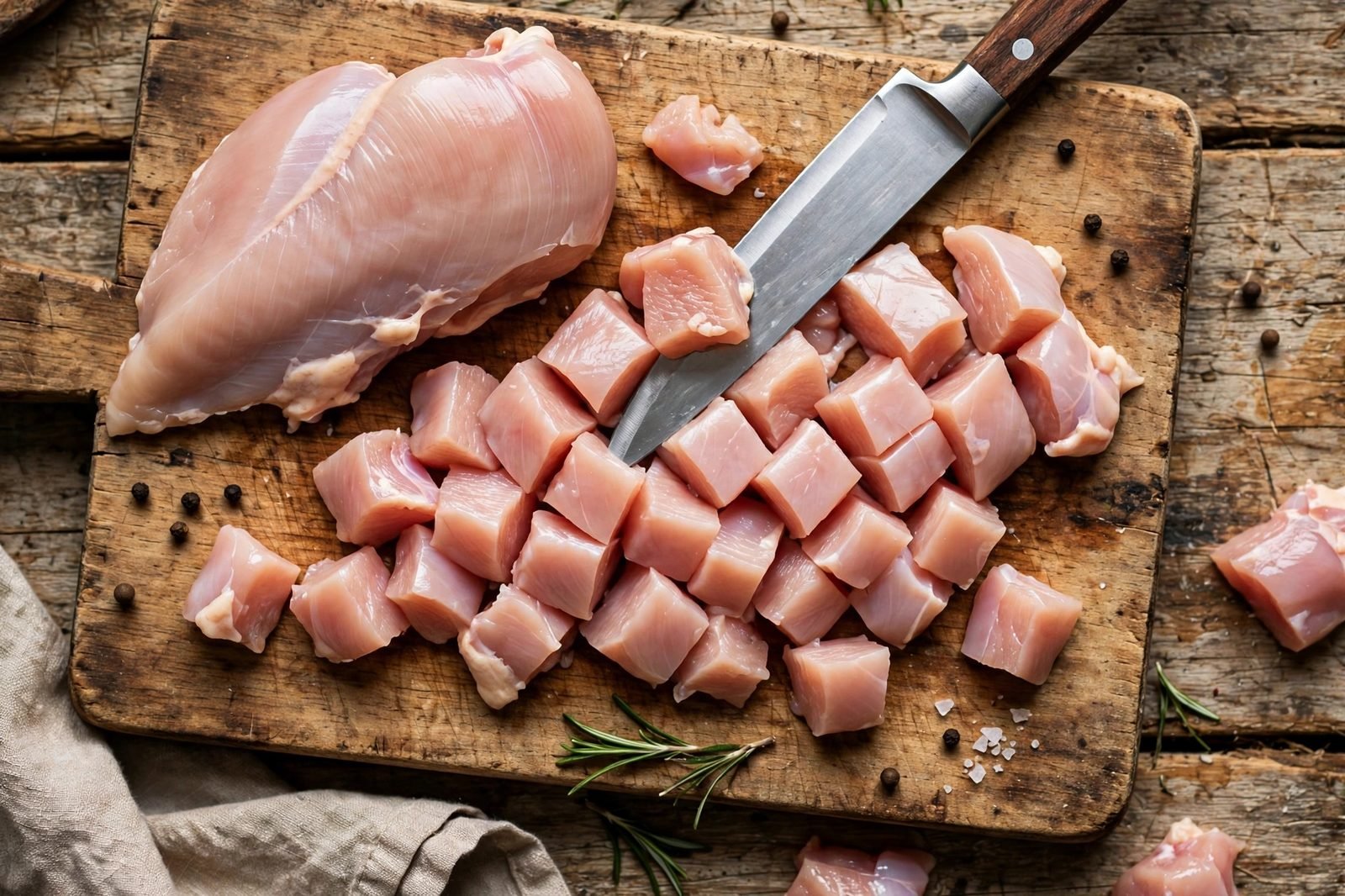 Chicken breast being diced into 1 1/2-inch pieces on a cutting board