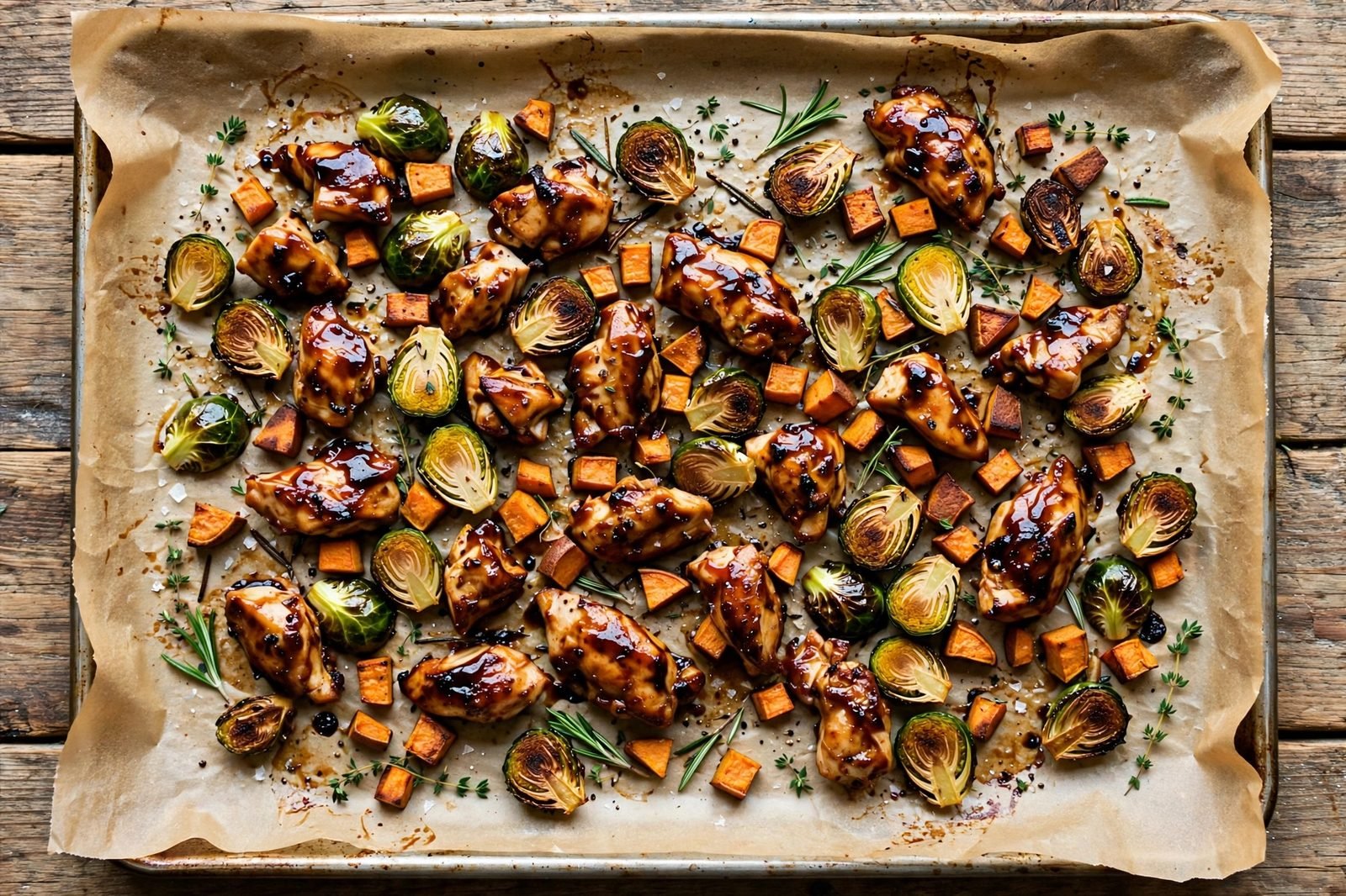 Overhead view of a finished sheet pan: balsamic-glazed chicken pieces with roasted Brussels sprouts and sweet potato cubes, fresh herbs