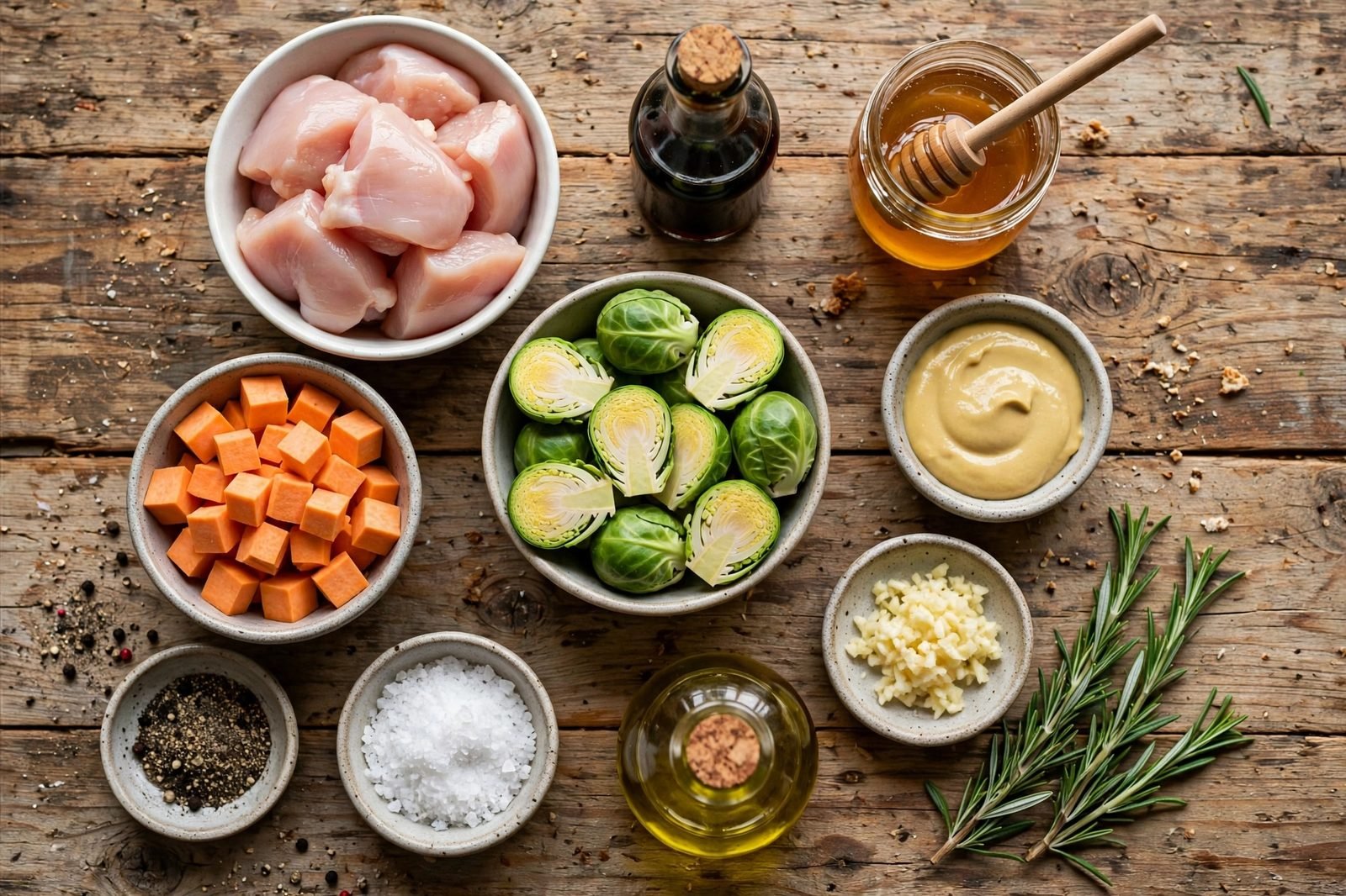 Ingredients for balsamic glazed chicken: raw chicken pieces, halved Brussels sprouts, sweet potato cubes, balsamic vinegar, honey, Dijon, garlic, and rosemary