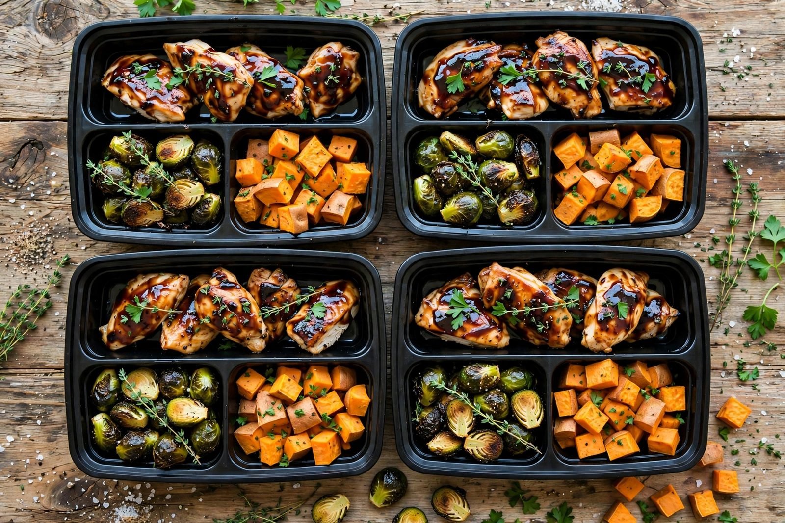 Balsamic-glazed chicken and vegetables portioned into meal-prep containers