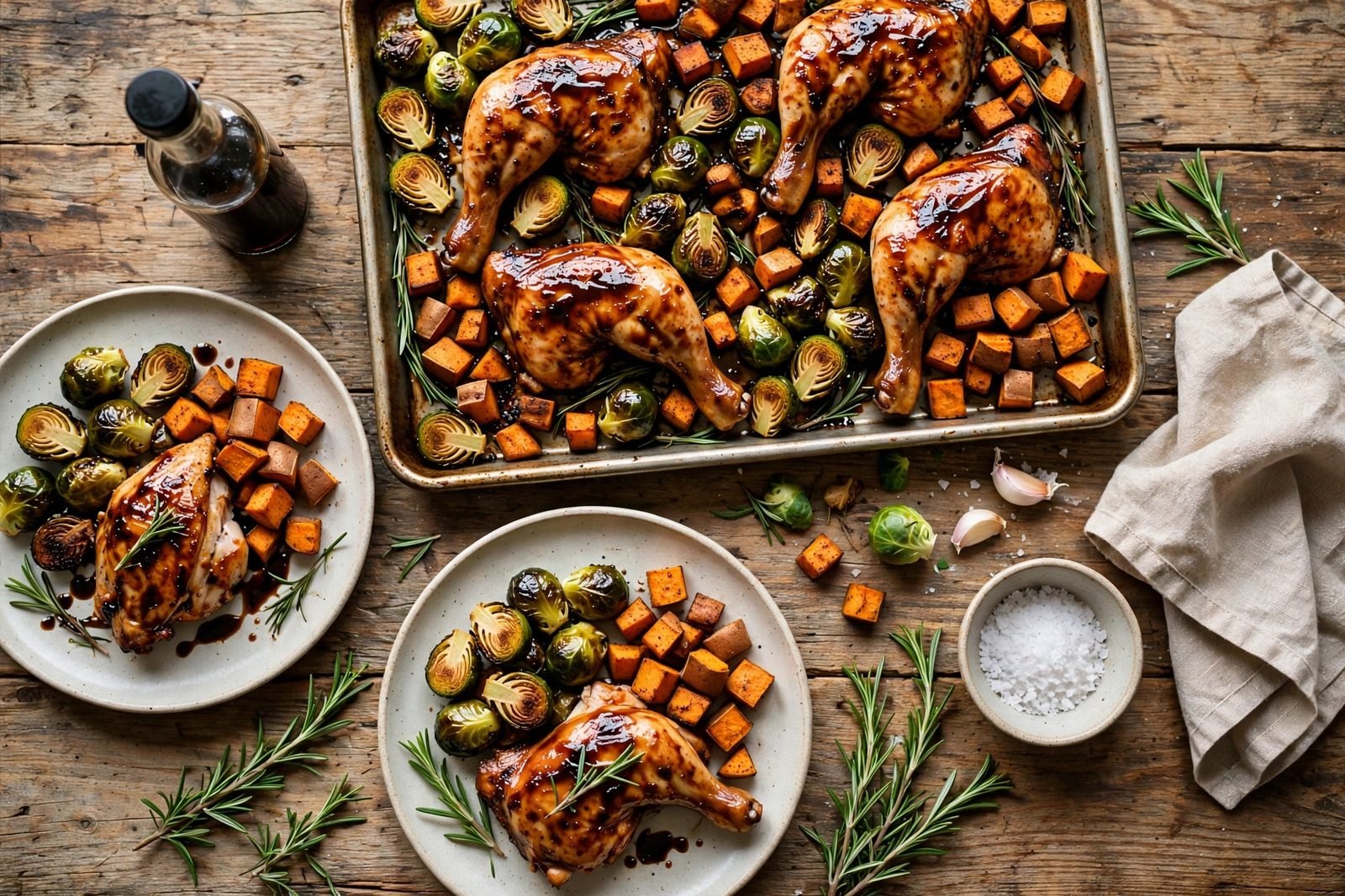 Overhead table spread: sheet pan of balsamic chicken, plates, rosemary sprigs, and a balsamic bottle