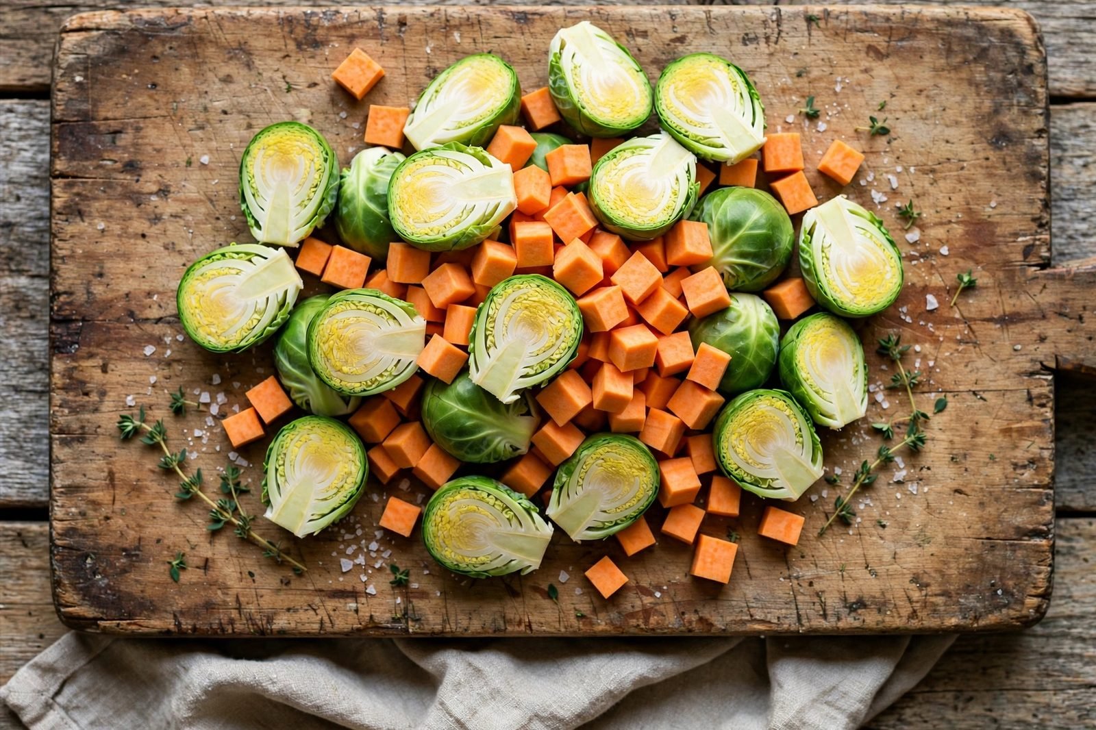 Halved Brussels sprouts and small-diced sweet potato on a cutting board