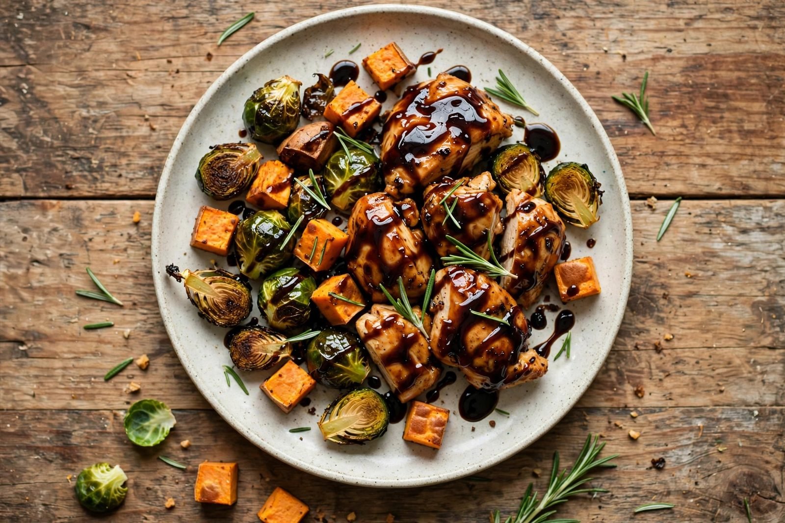 Plated balsamic-glazed chicken and roasted vegetables drizzled with glaze and fresh herbs