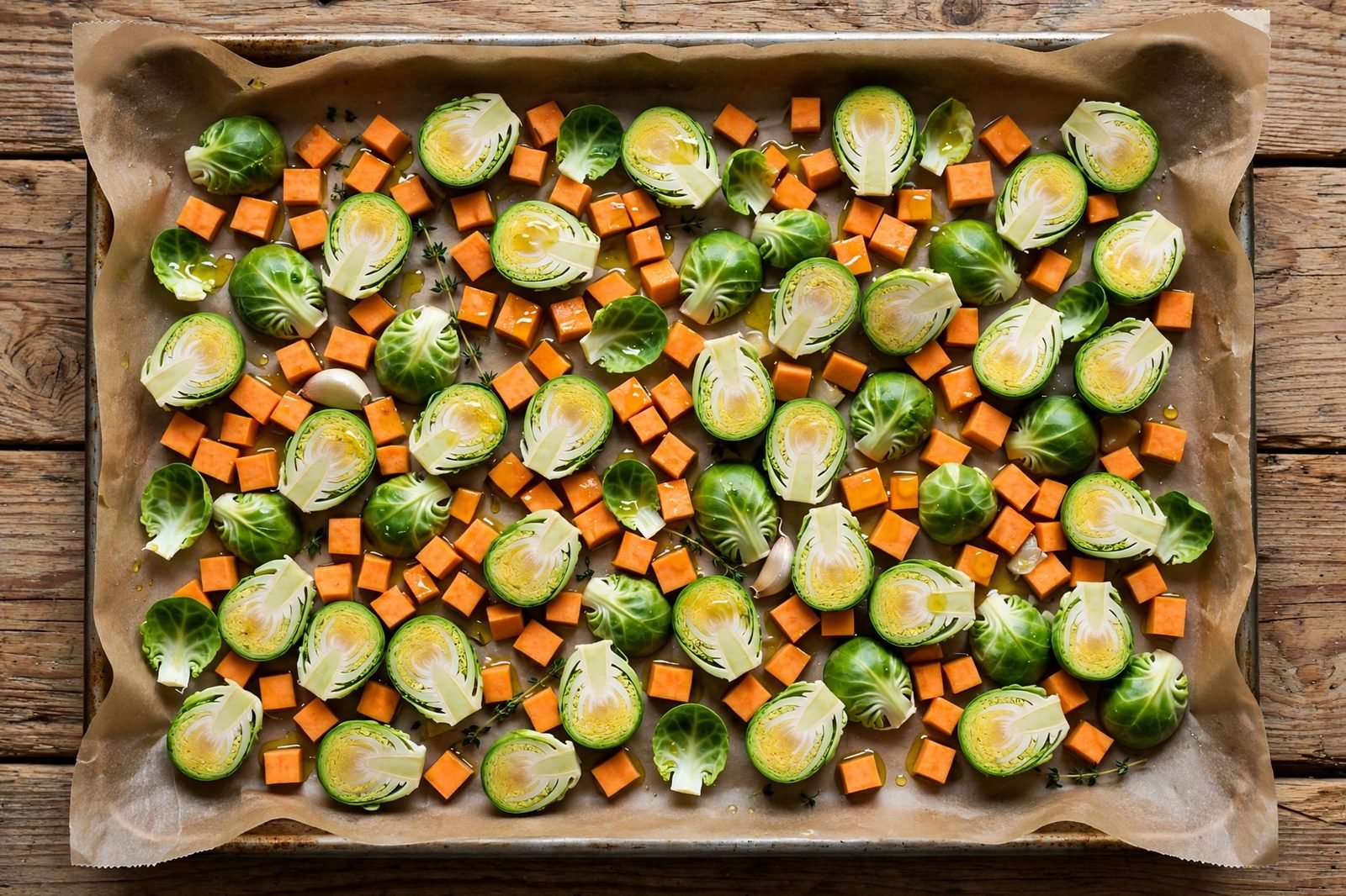Oiled and seasoned vegetables spread in a single layer on a parchment-lined sheet pan
