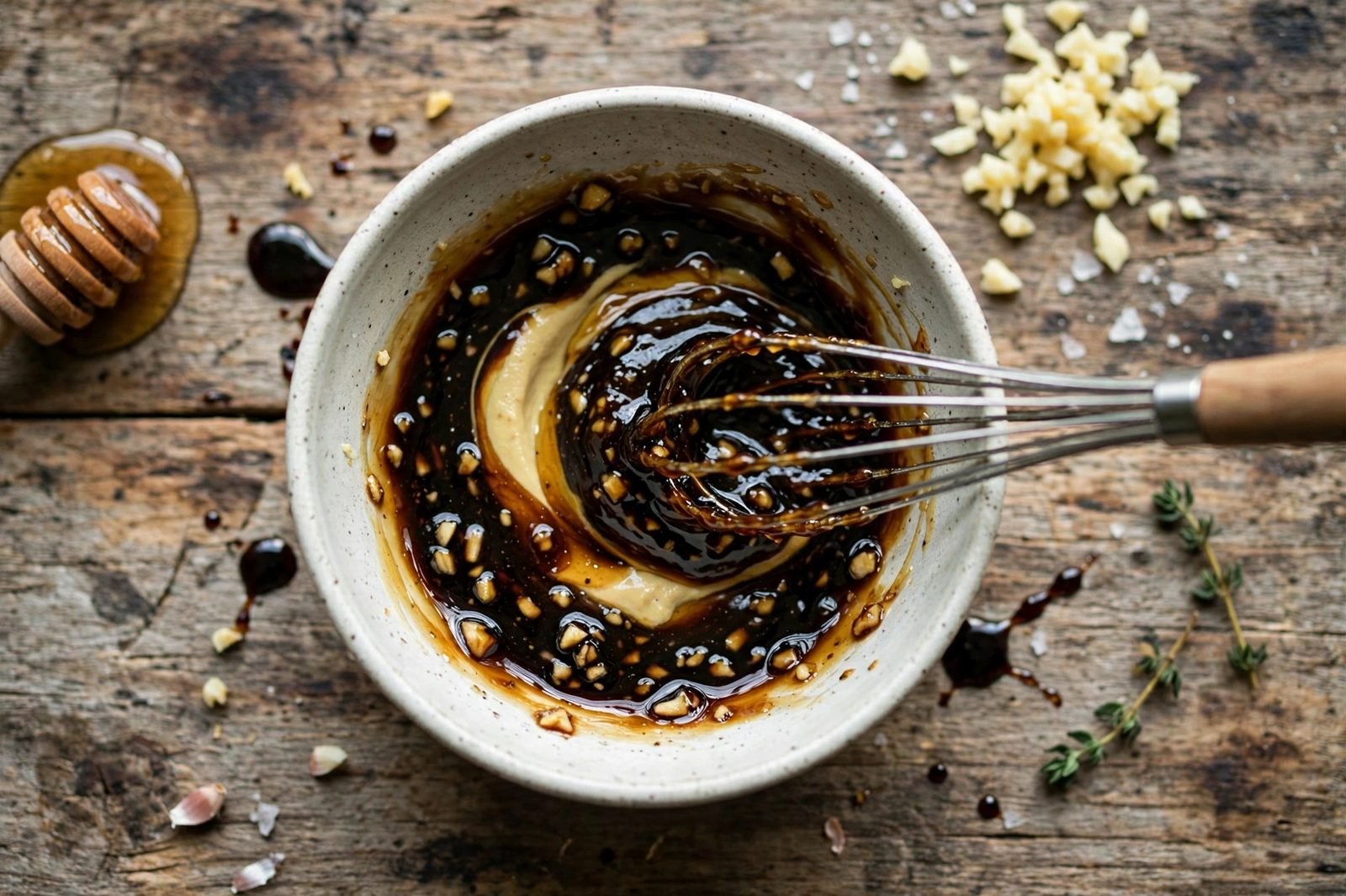 Balsamic vinegar, honey, Dijon, and garlic being whisked in a small bowl