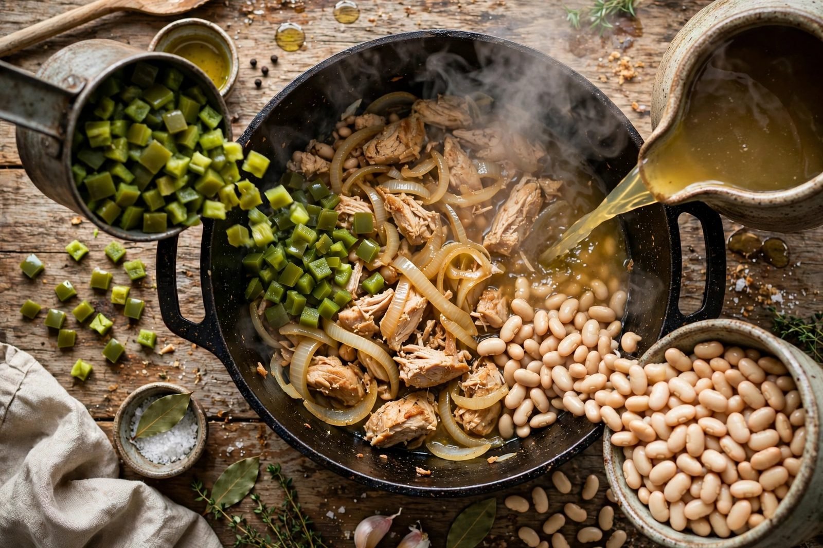 Green chiles, white beans, and chicken broth being added to the pot